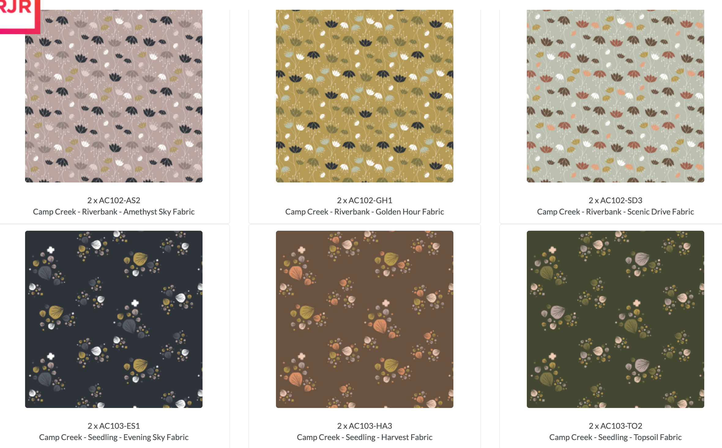 Camp Creek 10x10 Layer Cake by Ash Cascade for RJR Fabrics featuring 42 premium cotton precut squares with woodland, botanical, celestial, floral, and nature-inspired prints in earthy sage, olive, charcoal, peach, mustard, taupe, and blue tones.