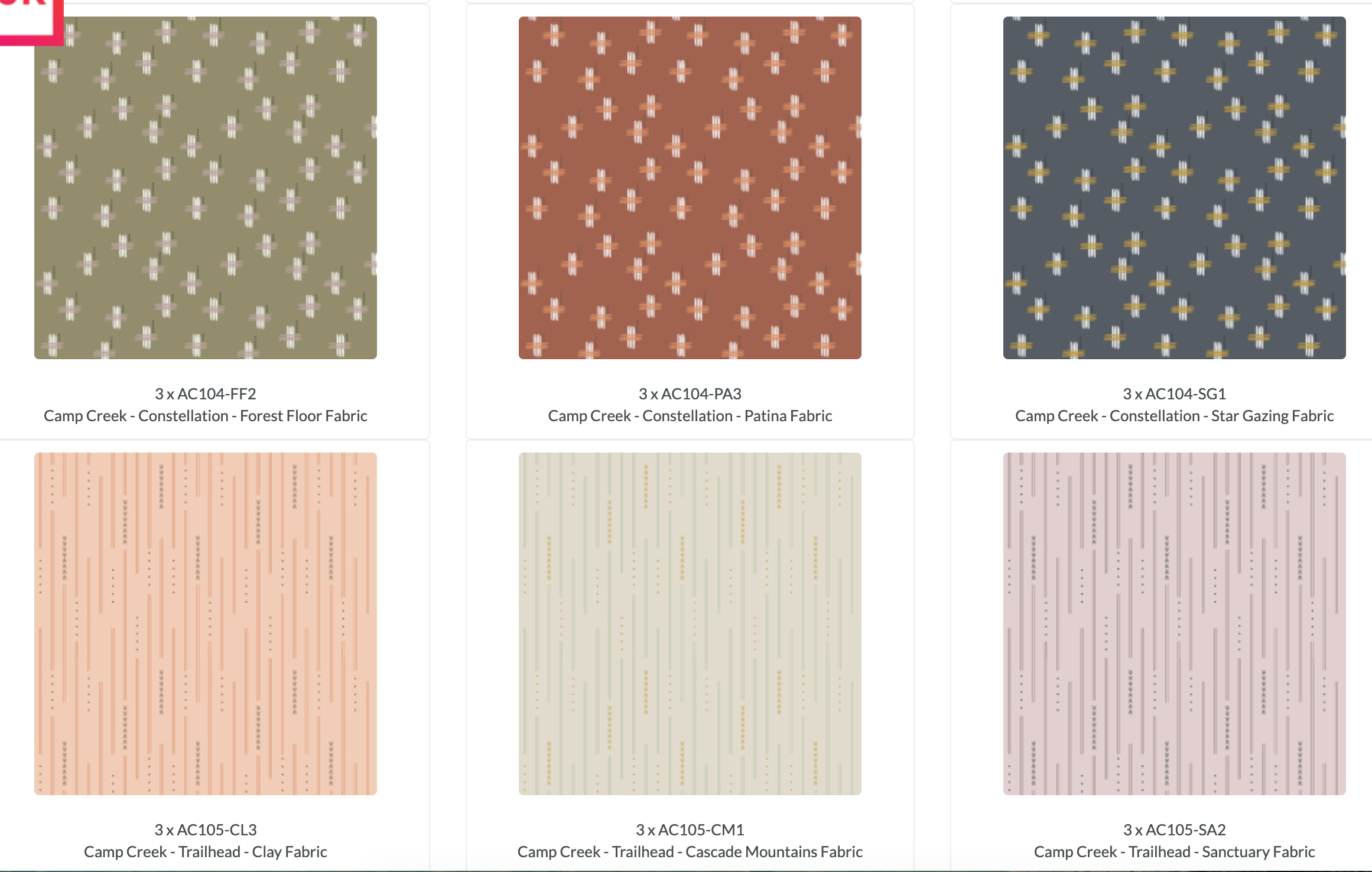 Camp Creek 10x10 Layer Cake by Ash Cascade for RJR Fabrics featuring 42 premium cotton precut squares with woodland, botanical, celestial, floral, and nature-inspired prints in earthy sage, olive, charcoal, peach, mustard, taupe, and blue tones.