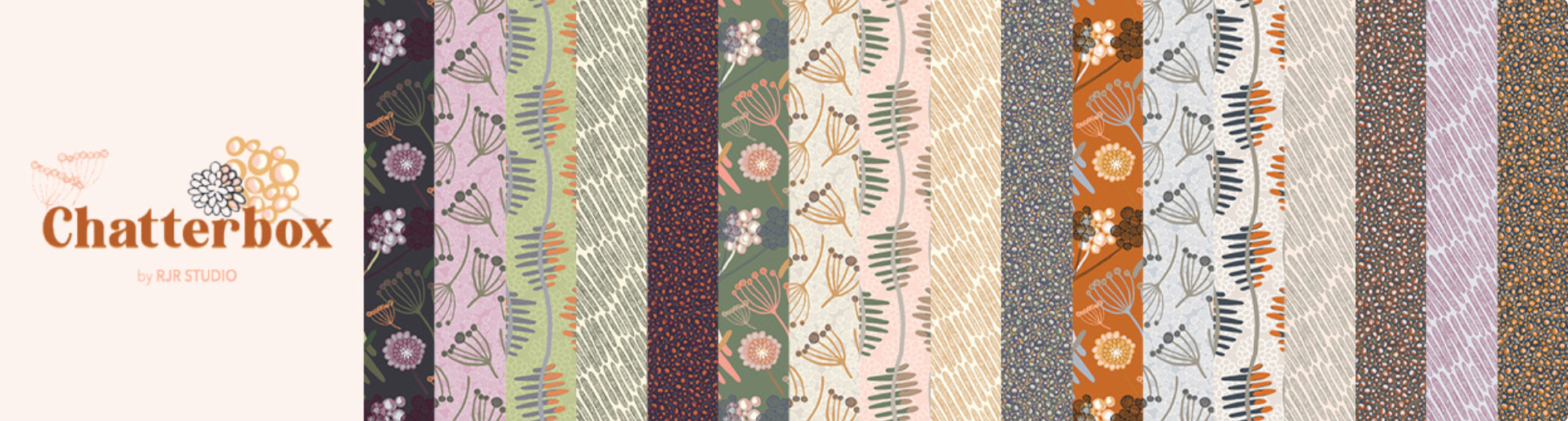 Chatterbox 10x10 Layer Cake by RJR Studio for RJR Fabrics featuring 42 premium cotton precut squares with modern florals, botanical prints, abstract geometric patterns, dotted blenders, and coordinating designs in sage, blush, auburn, navy, lavender, cream, and charcoal tones