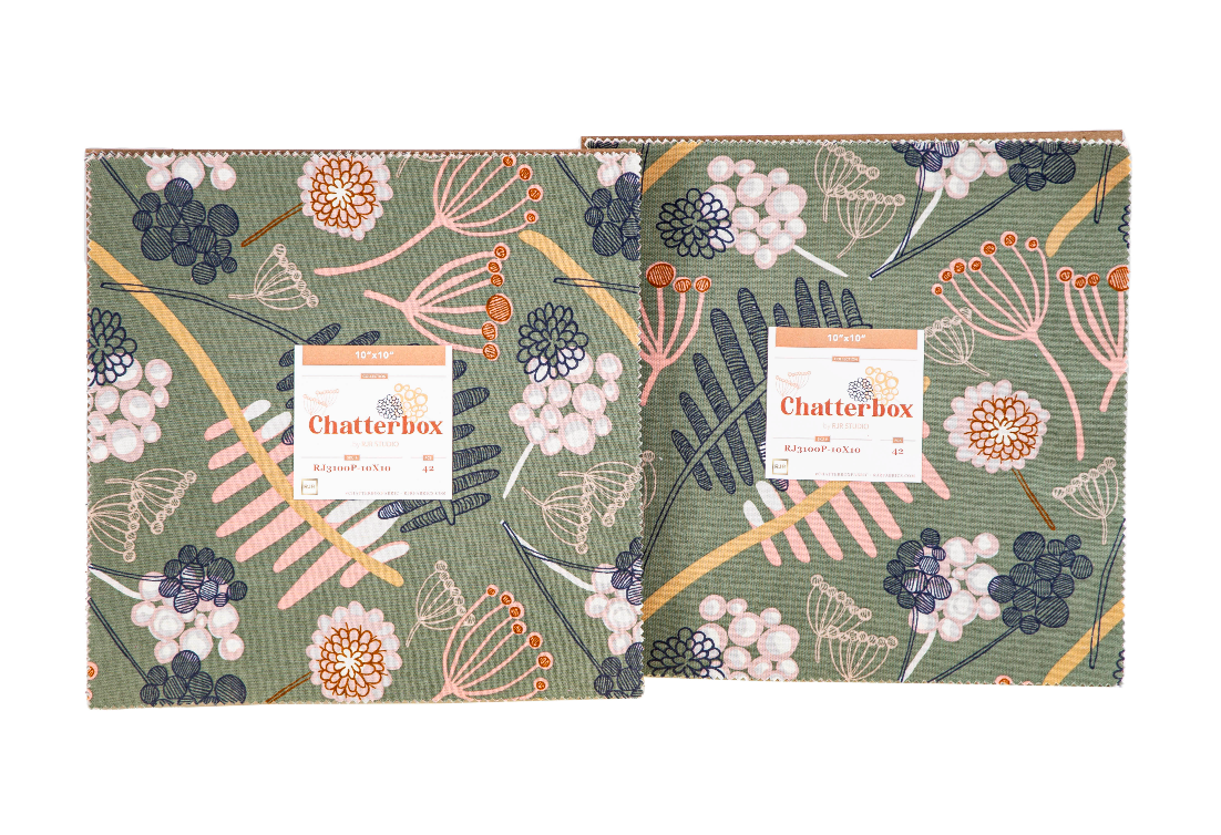Chatterbox 10x10 Layer Cake by RJR Studio for RJR Fabrics featuring 42 premium cotton precut squares with modern florals, botanical prints, abstract geometric patterns, dotted blenders, and coordinating designs in sage, blush, auburn, navy, lavender, cream, and charcoal tones