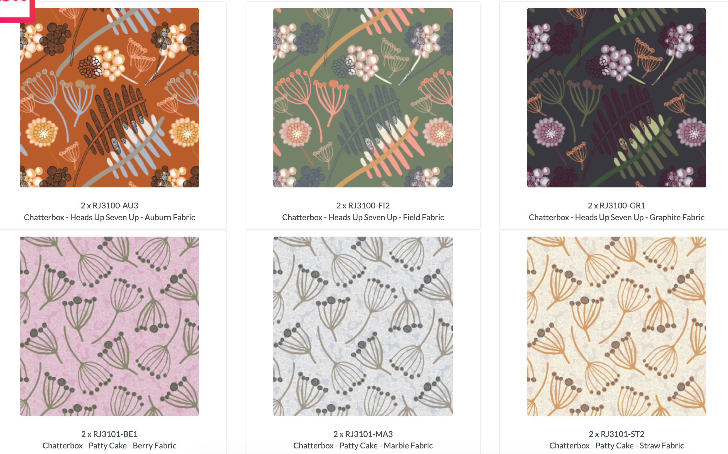 Chatterbox 10x10 Layer Cake by RJR Studio for RJR Fabrics featuring 42 premium cotton precut squares with modern florals, botanical prints, abstract geometric patterns, dotted blenders, and coordinating designs in sage, blush, auburn, navy, lavender, cream, and charcoal tones