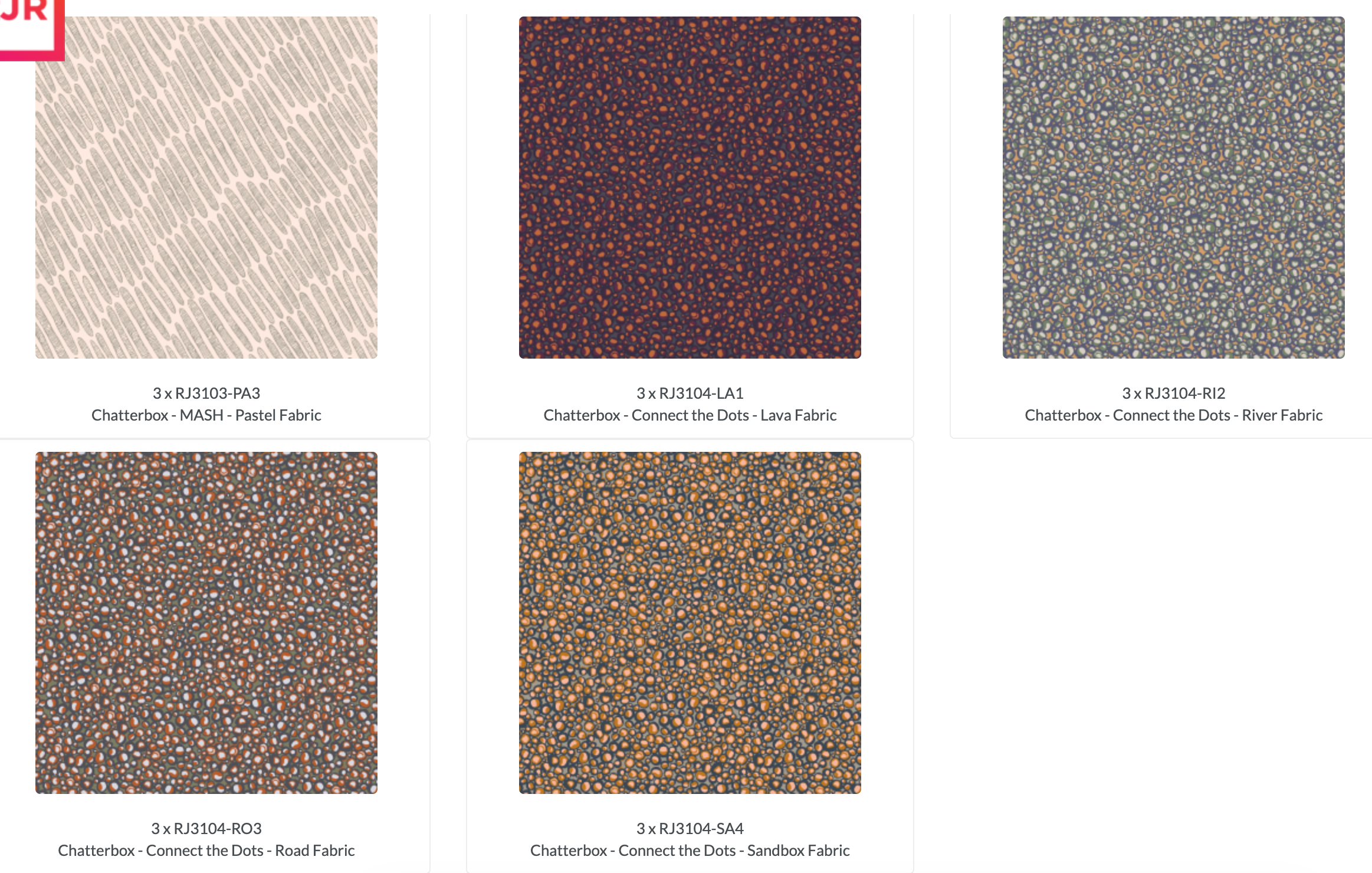 Chatterbox 10x10 Layer Cake by RJR Studio for RJR Fabrics featuring 42 premium cotton precut squares with modern florals, botanical prints, abstract geometric patterns, dotted blenders, and coordinating designs in sage, blush, auburn, navy, lavender, cream, and charcoal tones