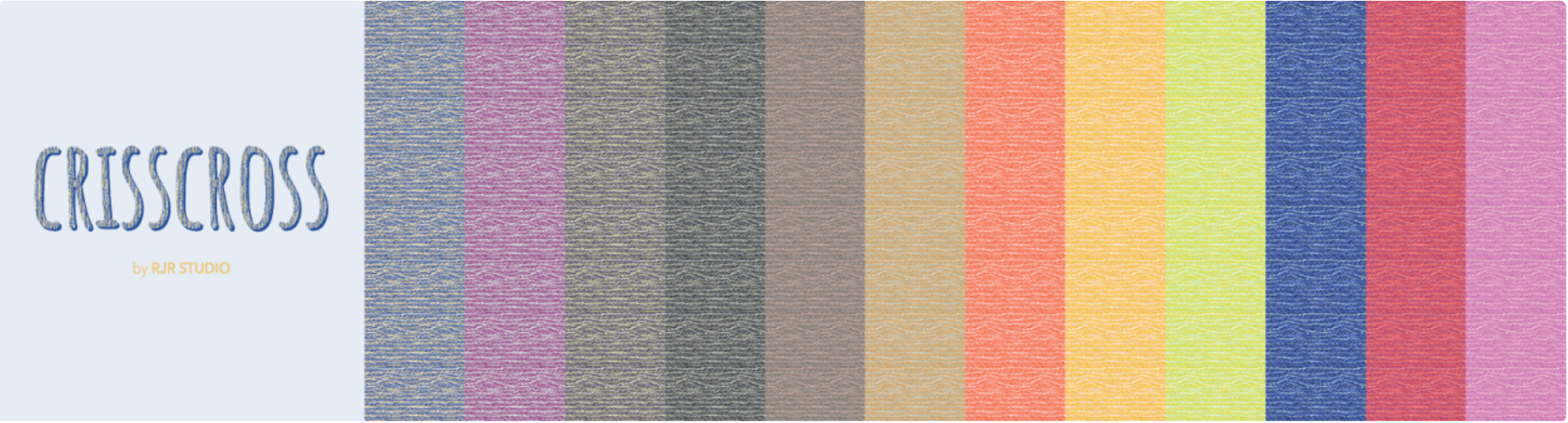 Crisscross Fat Quarter Bundle by RJR Studio for RJR Fabrics featuring premium quilting cotton fat quarters with digitally printed woven texture designs in vibrant shades of blue, purple, pink, orange, yellow, green, gray, and neutral tones.