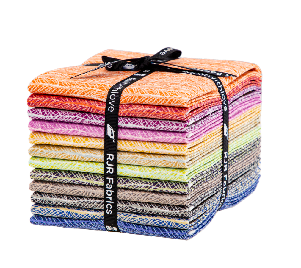 Crisscross Fat Quarter Bundle by RJR Studio for RJR Fabrics featuring premium quilting cotton fat quarters with digitally printed woven texture designs in vibrant shades of blue, purple, pink, orange, yellow, green, gray, and neutral tones.