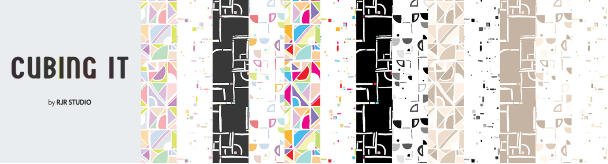 Cubing It Fat Quarter Bundle by RJR Studio for RJR Fabrics featuring premium quilting cotton fat quarters with modern geometric, abstract, stained glass, maze, splatter, and contemporary graphic designs in bright, pastel, neutral, and black colorways.