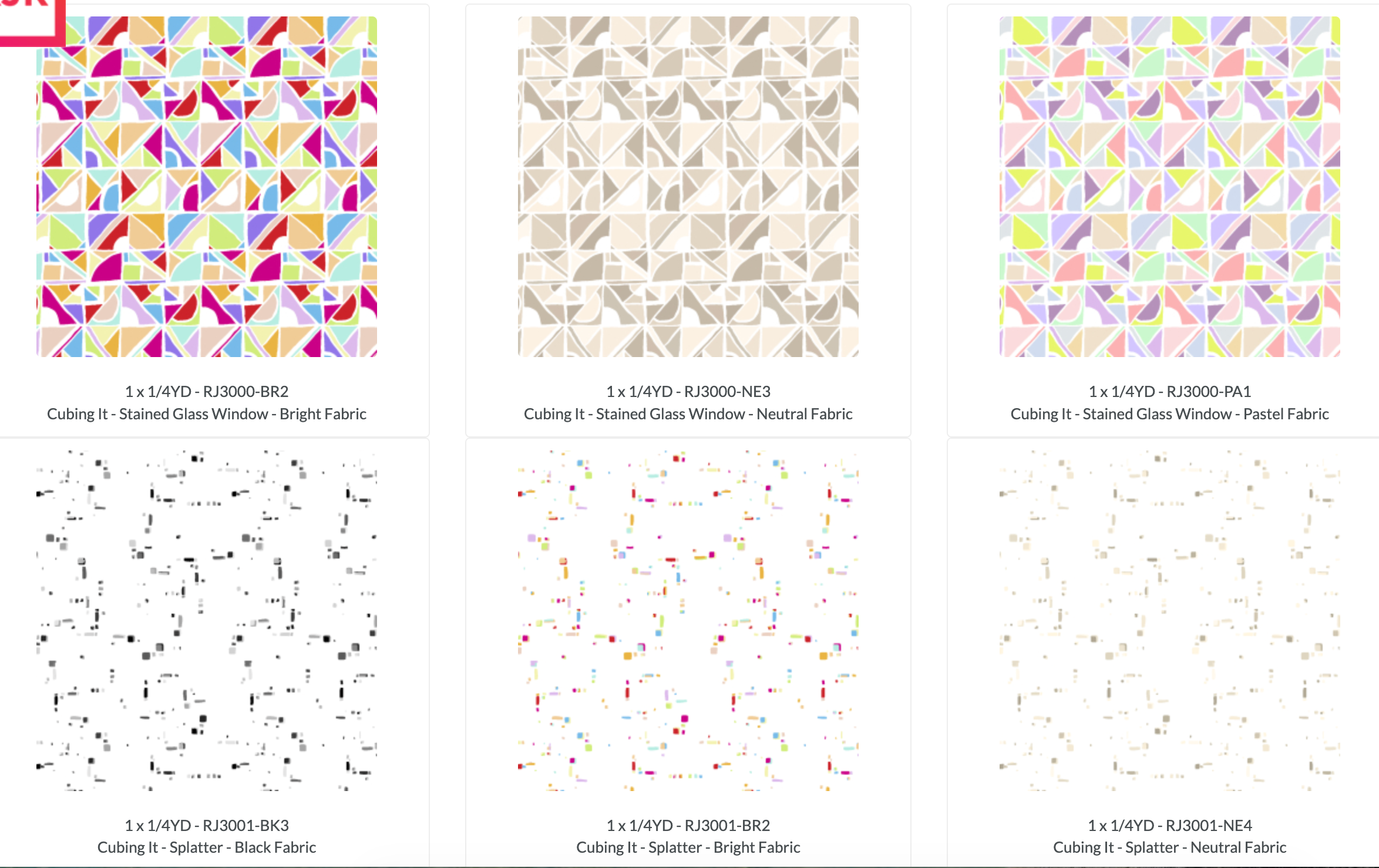 Cubing It Fat Quarter Bundle by RJR Studio for RJR Fabrics featuring premium quilting cotton fat quarters with modern geometric, abstract, stained glass, maze, splatter, and contemporary graphic designs in bright, pastel, neutral, and black colorways.