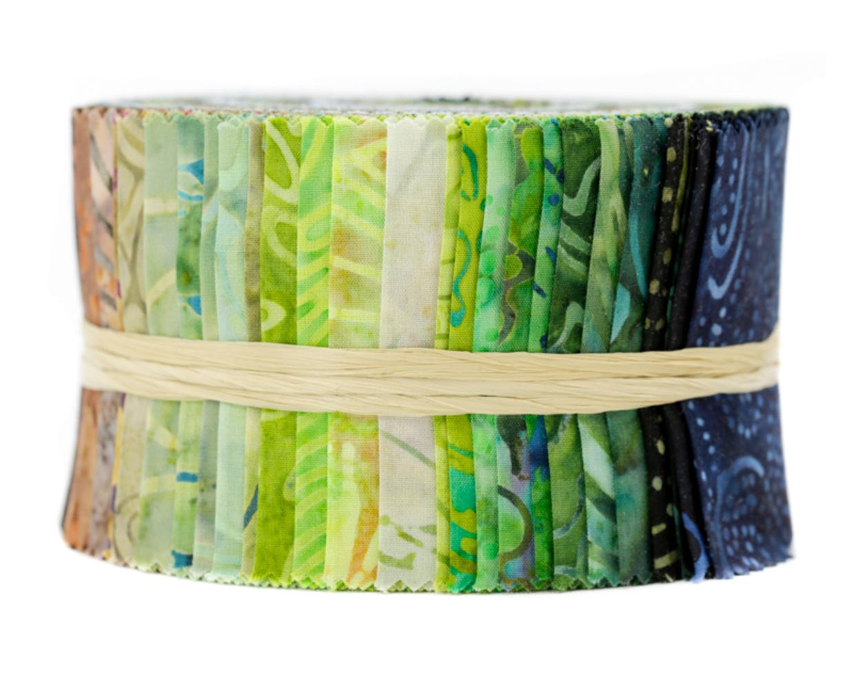 Best of Malam Batiks Rain Forest Jelly Roll by Jinny Beyer for RJR Fabrics featuring premium 2.5-inch batik fabric strips in coordinated rainforest-inspired shades of green, teal, blue, and earthy tones for quilting and sewing.