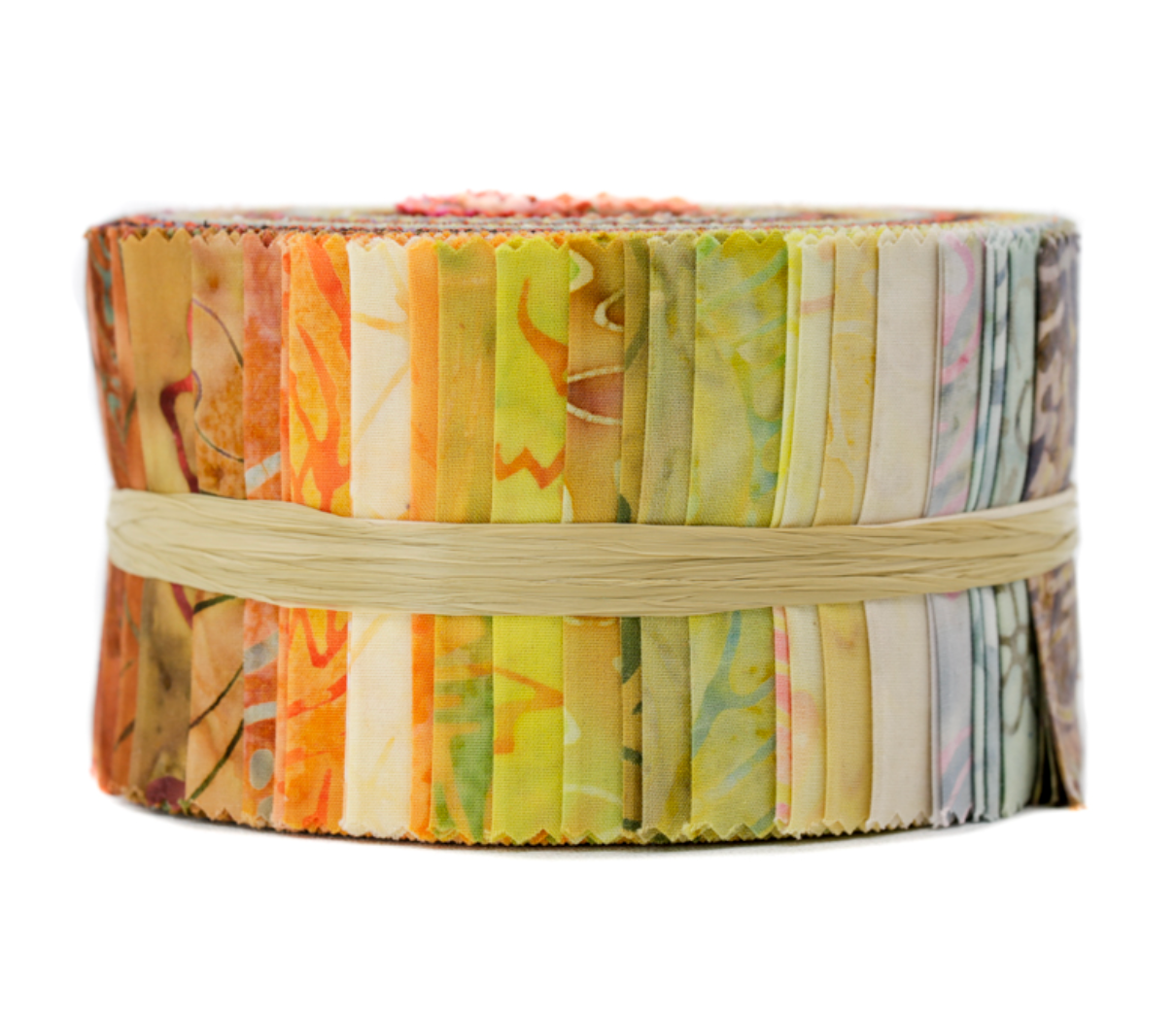 Best of Malam Batiks Sunrise Jelly Roll by Jinny Beyer for RJR Fabrics featuring premium 2.5-inch batik fabric strips in coordinated shades of orange, yellow, cream, green, and soft pastel batiks for quilting and sewing.