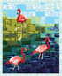 Blossom Batiks Flora Flamingo Quilt Kit by RJR Fabrics featuring three vibrant pink flamingos set against a pieced batik landscape in shades of turquoise, blue, green, and purple with a soft aqua border, perfect for quilting enthusiasts.