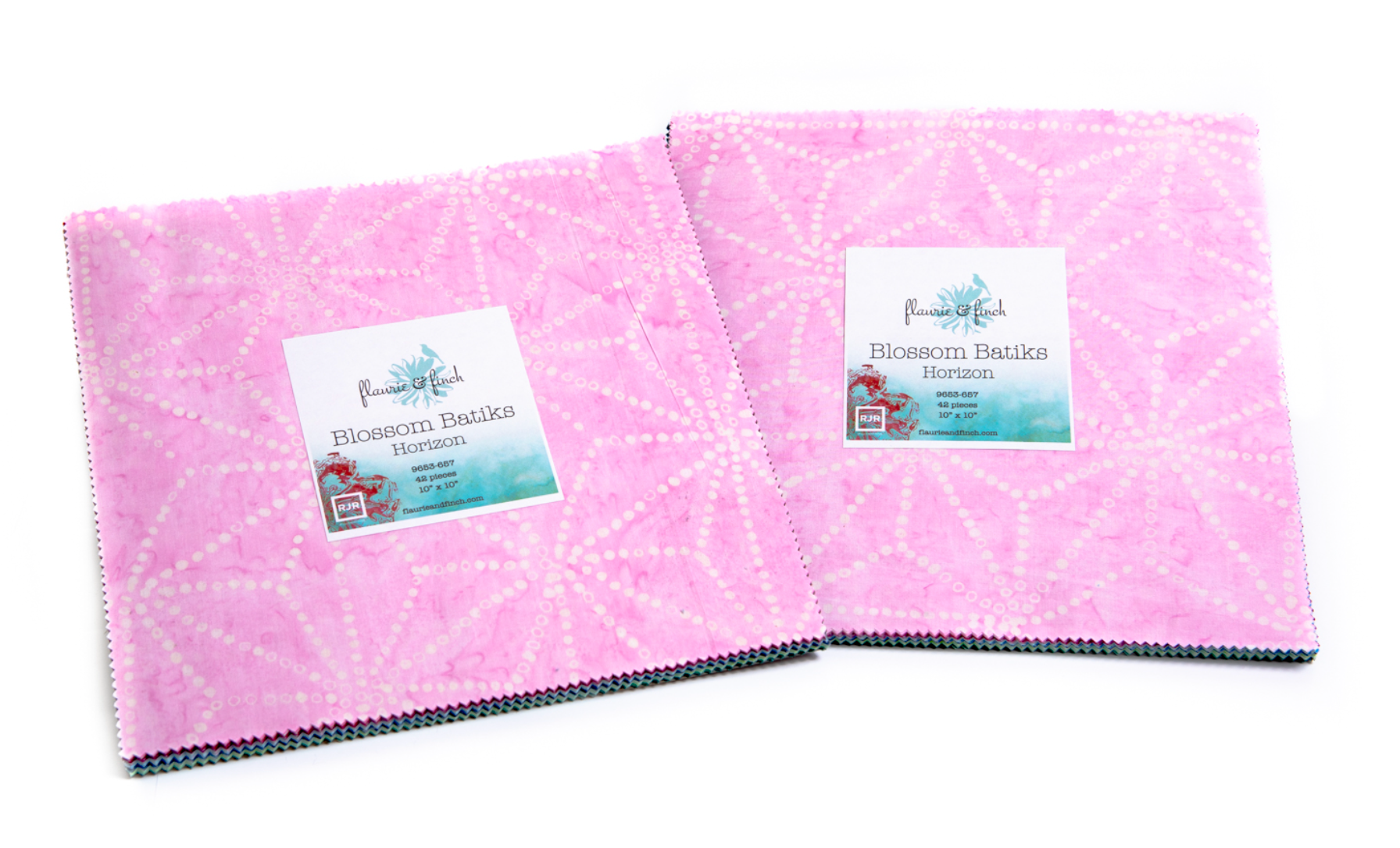 Blossom Batiks Horizon Patty Cake Layer Cake by Flaurie & Finch for RJR Fabrics featuring 42 coordinated 10-inch premium cotton batik squares in serene shades of blue, aqua, green, lavender, and pink for quilting and sewing projects.