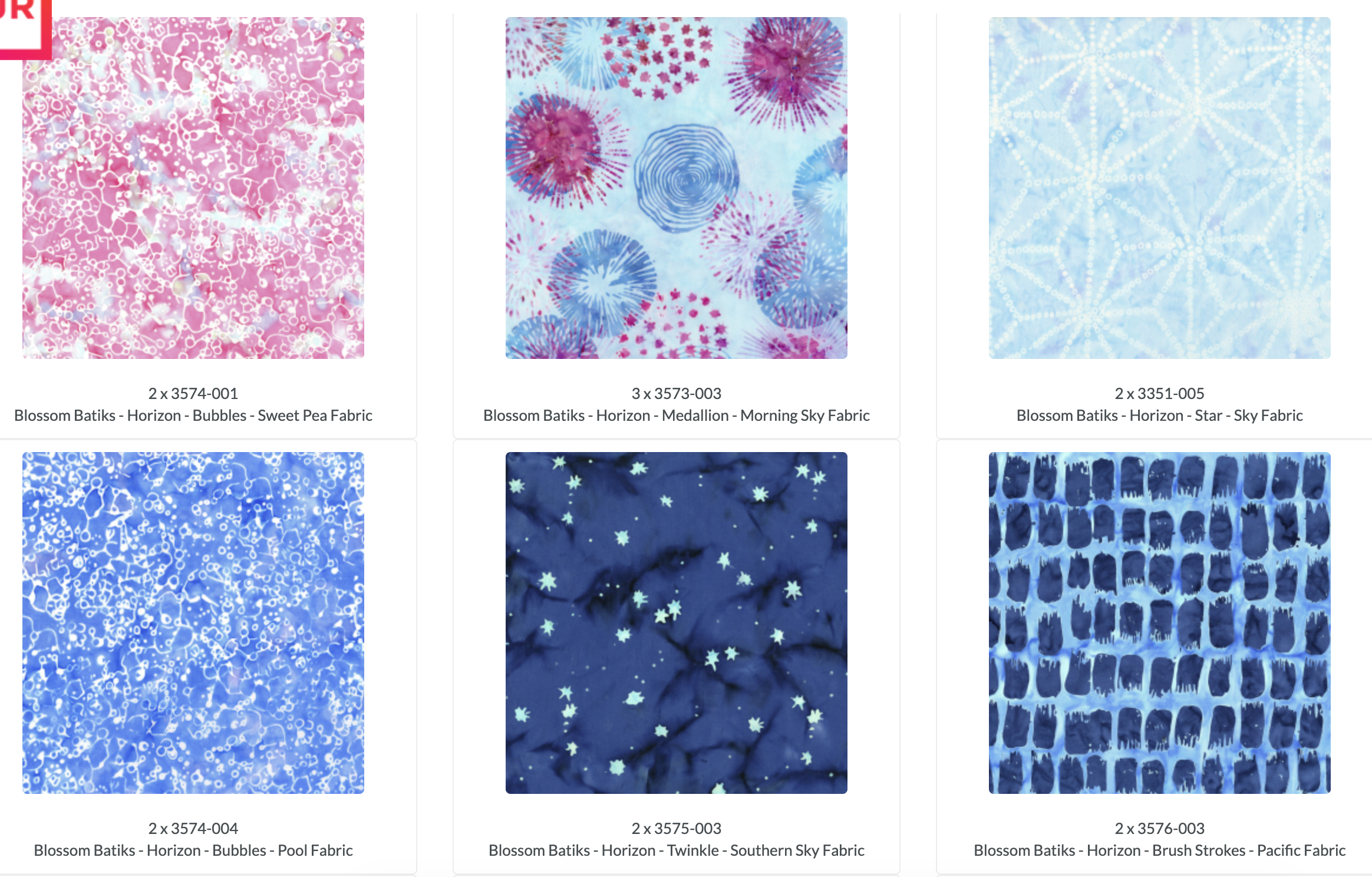 Blossom Batiks Horizon Patty Cake Layer Cake by Flaurie & Finch for RJR Fabrics featuring 42 coordinated 10-inch premium cotton batik squares in serene shades of blue, aqua, green, lavender, and pink for quilting and sewing projects.