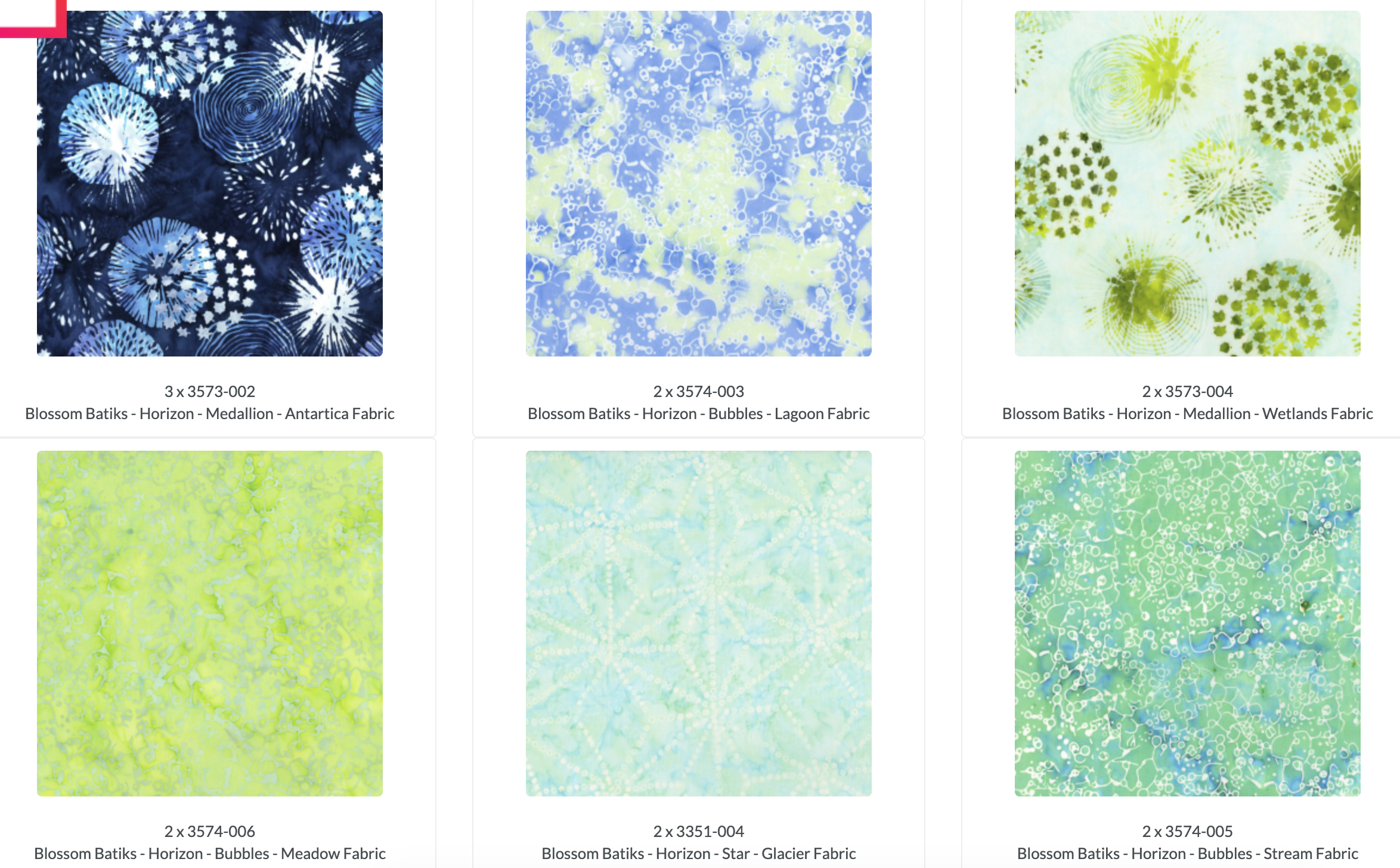 Blossom Batiks Horizon Patty Cake Layer Cake by Flaurie & Finch for RJR Fabrics featuring 42 coordinated 10-inch premium cotton batik squares in serene shades of blue, aqua, green, lavender, and pink for quilting and sewing projects.