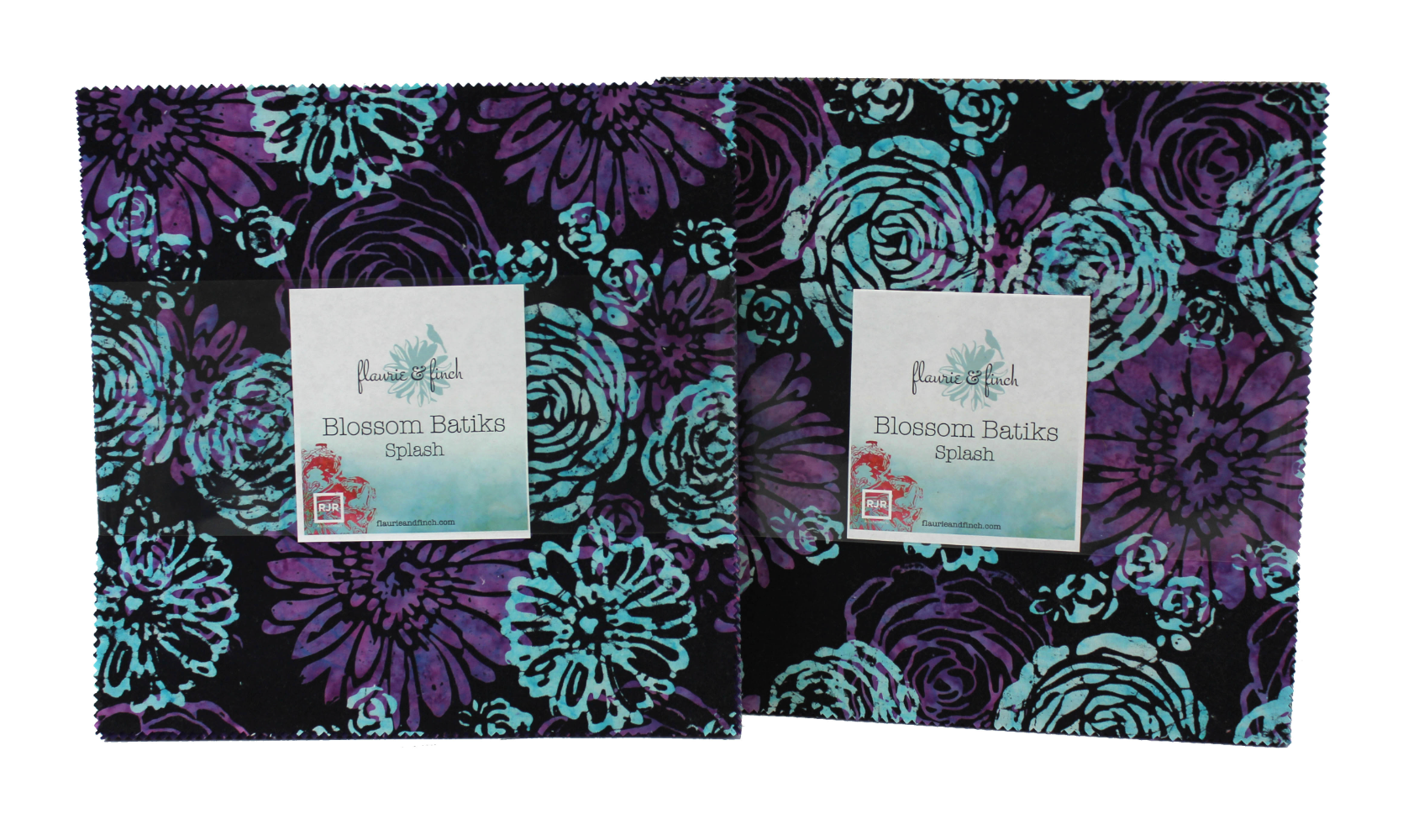 Blossom Batiks Splash Patty Cake by Flaurie & Finch for RJR Fabrics featuring 42 premium 10-inch cotton batik squares in coordinated shades of navy, turquoise, aqua, teal, lavender, and purple for quilting and sewing projects.