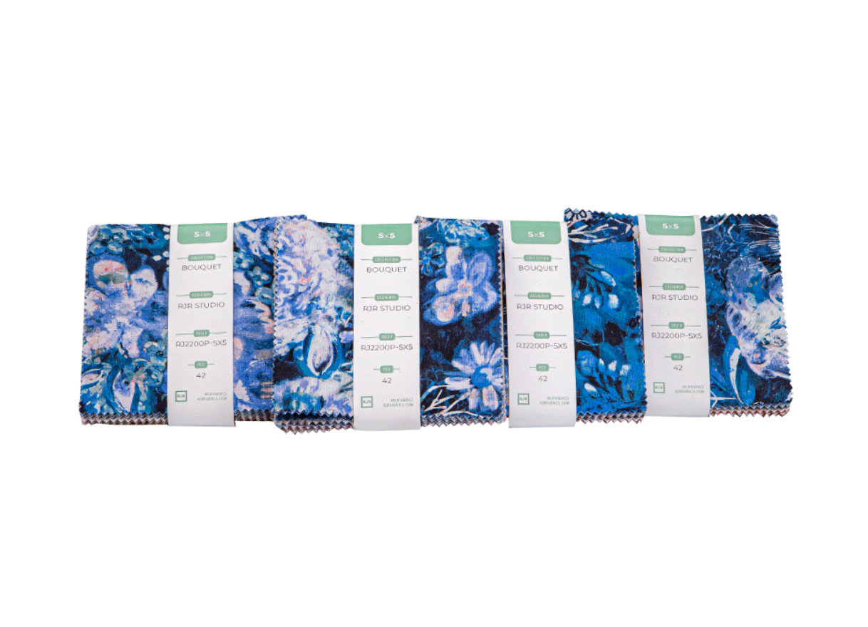 Bouquet Digiprint Charm Pack by RJR Studio for RJR Fabrics featuring 42 premium 5-inch digitally printed cotton fabric squares with elegant watercolor florals, painterly textures, and coordinated botanical designs for quilting and sewing projects.