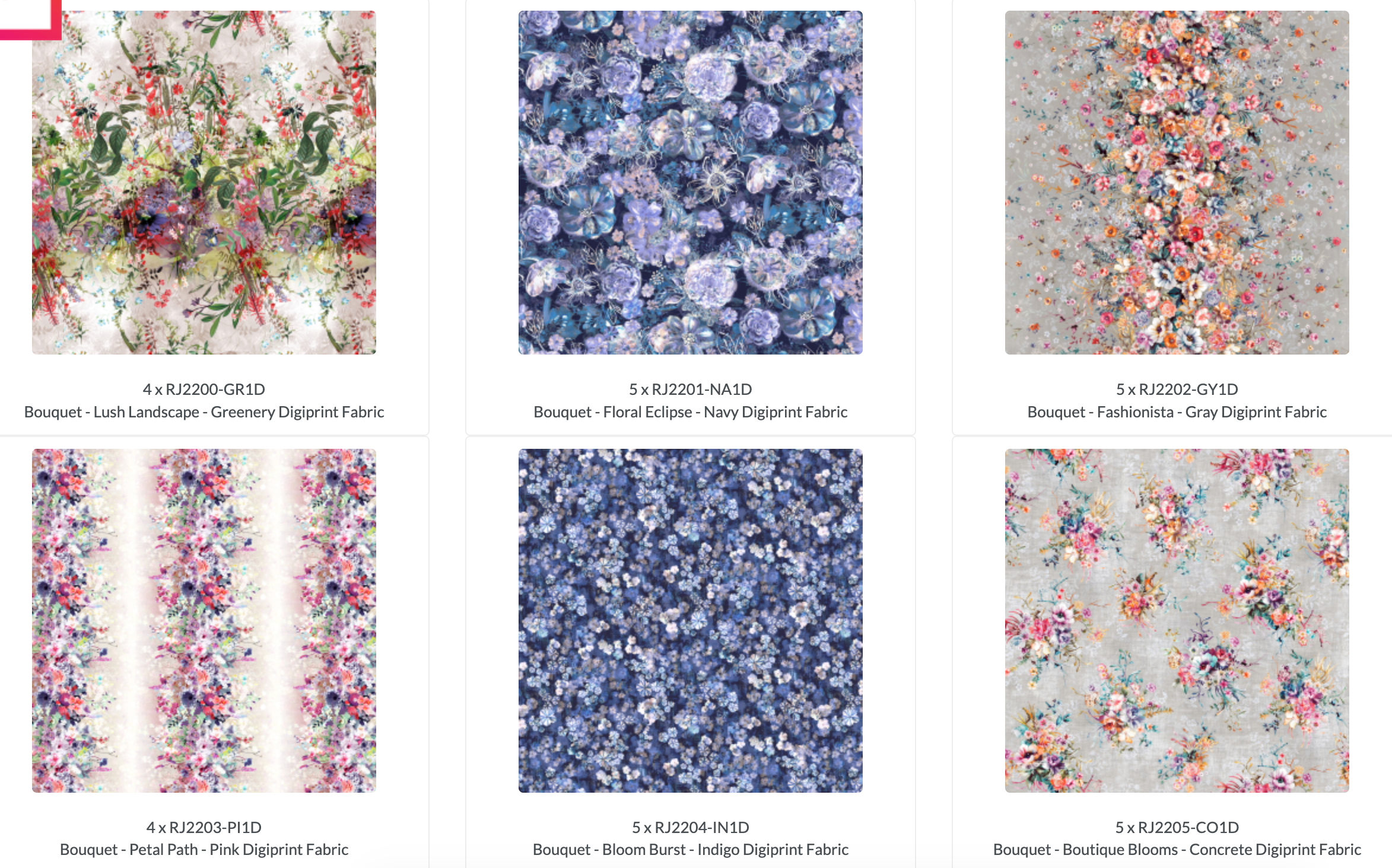 Bouquet Digiprint Charm Pack by RJR Studio for RJR Fabrics featuring 42 premium 5-inch digitally printed cotton fabric squares with elegant watercolor florals, painterly textures, and coordinated botanical designs for quilting and sewing projects.