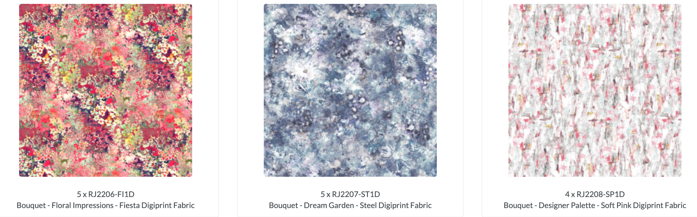 Bouquet Digiprint Charm Pack by RJR Studio for RJR Fabrics featuring 42 premium 5-inch digitally printed cotton fabric squares with elegant watercolor florals, painterly textures, and coordinated botanical designs for quilting and sewing projects.