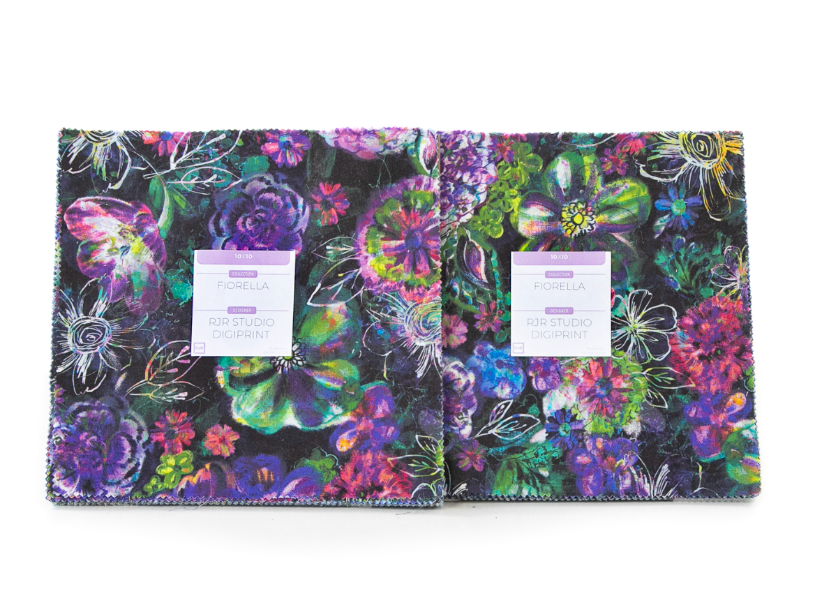Fiorella Digiprint 10-inch layer cake by RJR Studio featuring 42 colorful floral and abstract cotton fabric squares.
