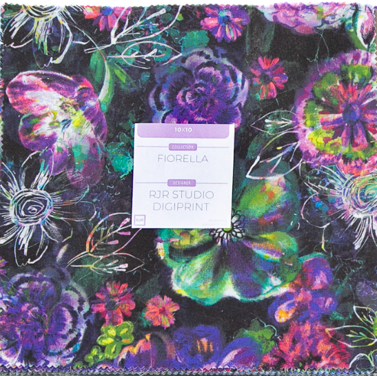 Fiorella Digiprint 10-inch layer cake by RJR Studio featuring 42 colorful floral and abstract cotton fabric squares.