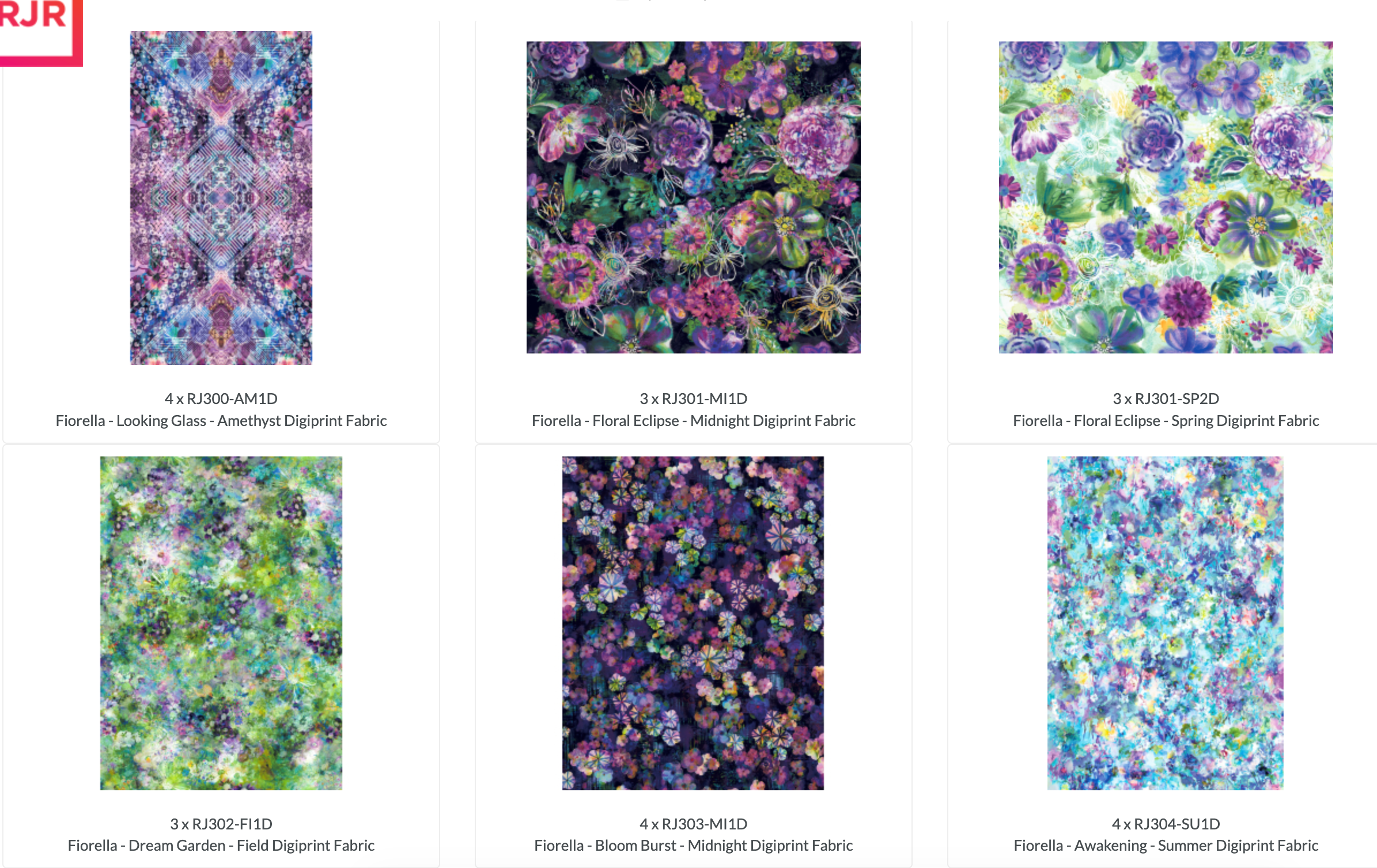 Fiorella Digiprint 10-inch layer cake by RJR Studio featuring 42 colorful floral and abstract cotton fabric squares.