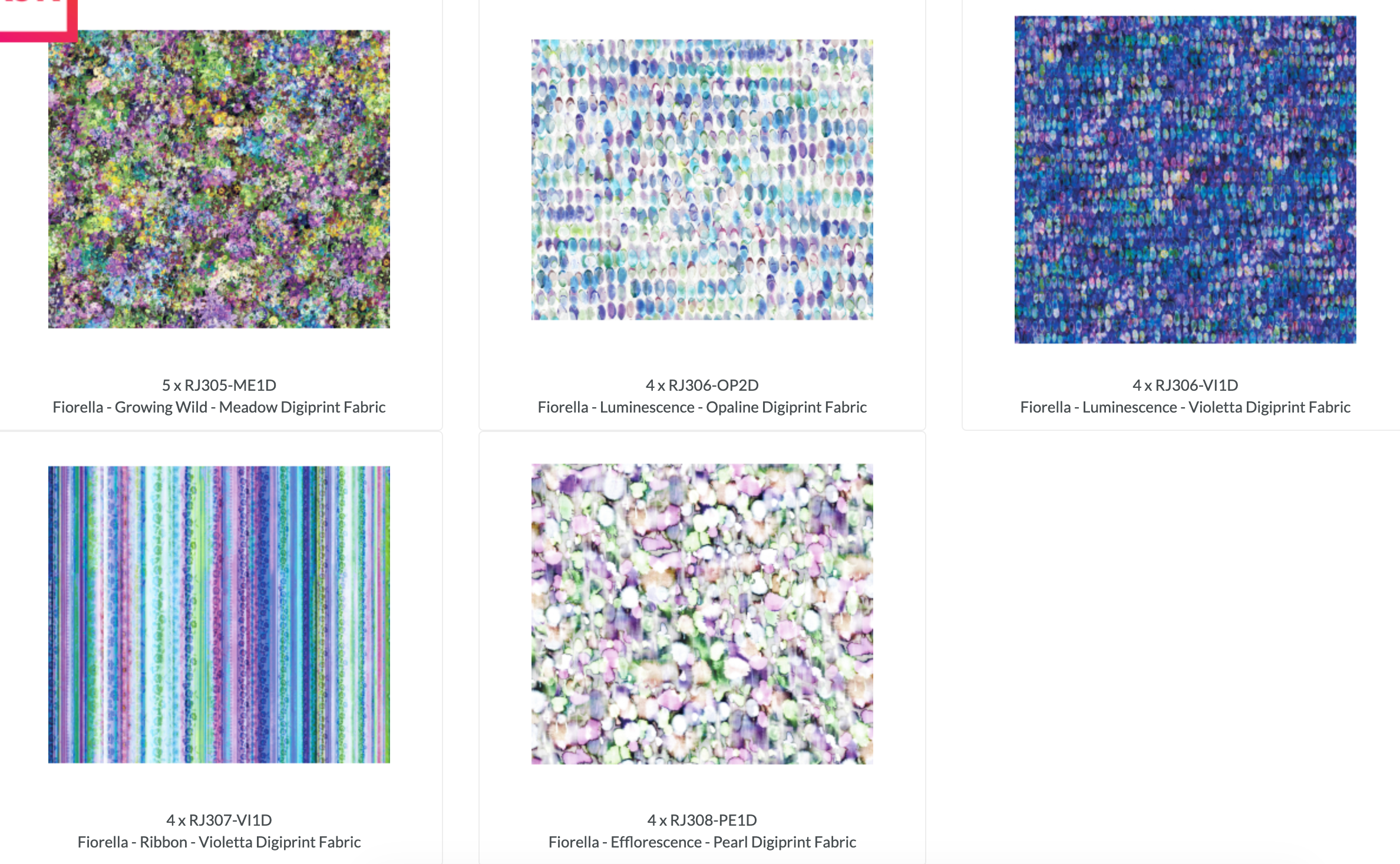 Fiorella Digiprint 10-inch layer cake by RJR Studio featuring 42 colorful floral and abstract cotton fabric squares.