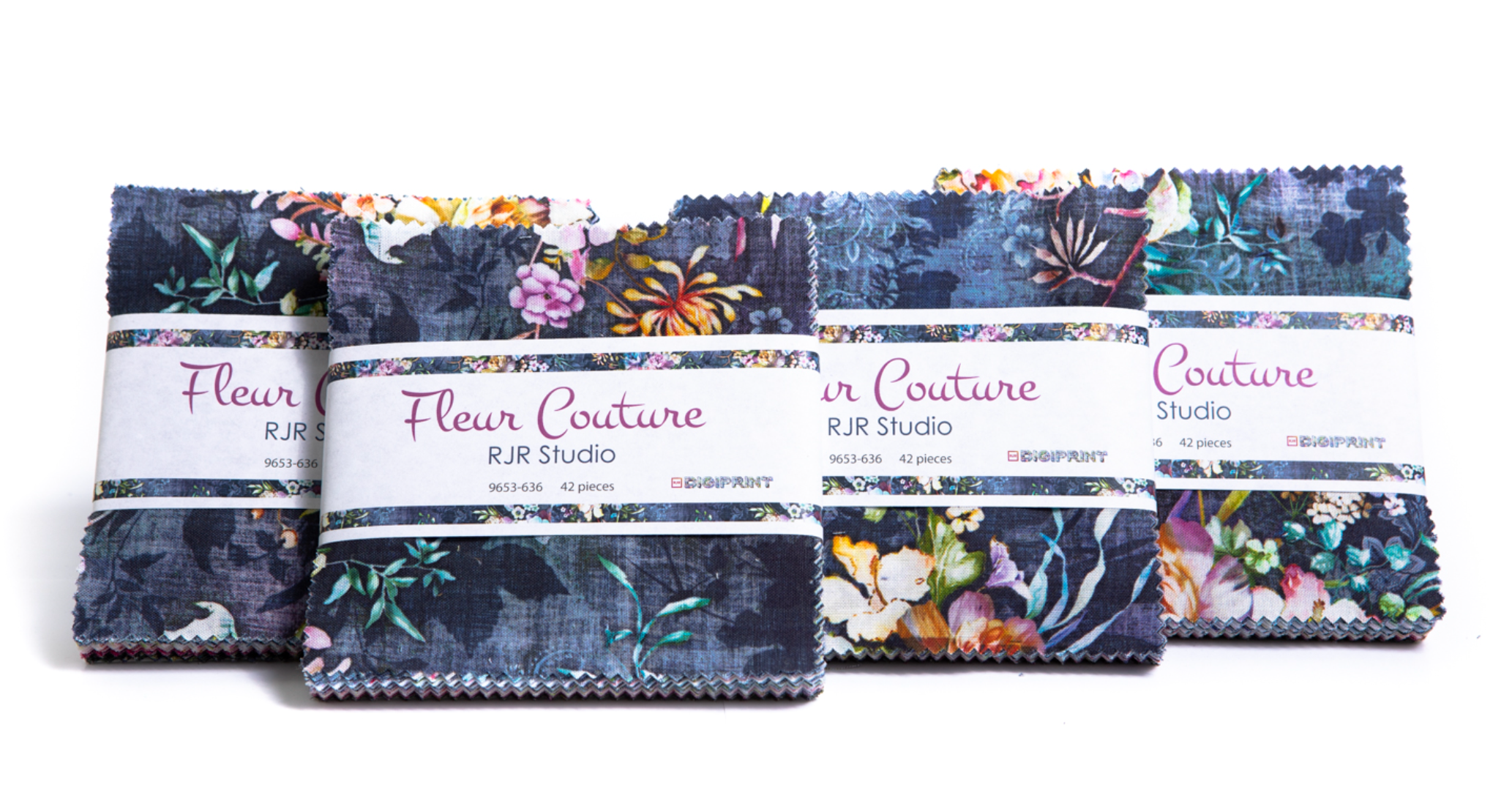 Fleur Couture Digiprint 5-inch charm pack by RJR Studio featuring 42 dark navy and colorful floral cotton fabric squares.
