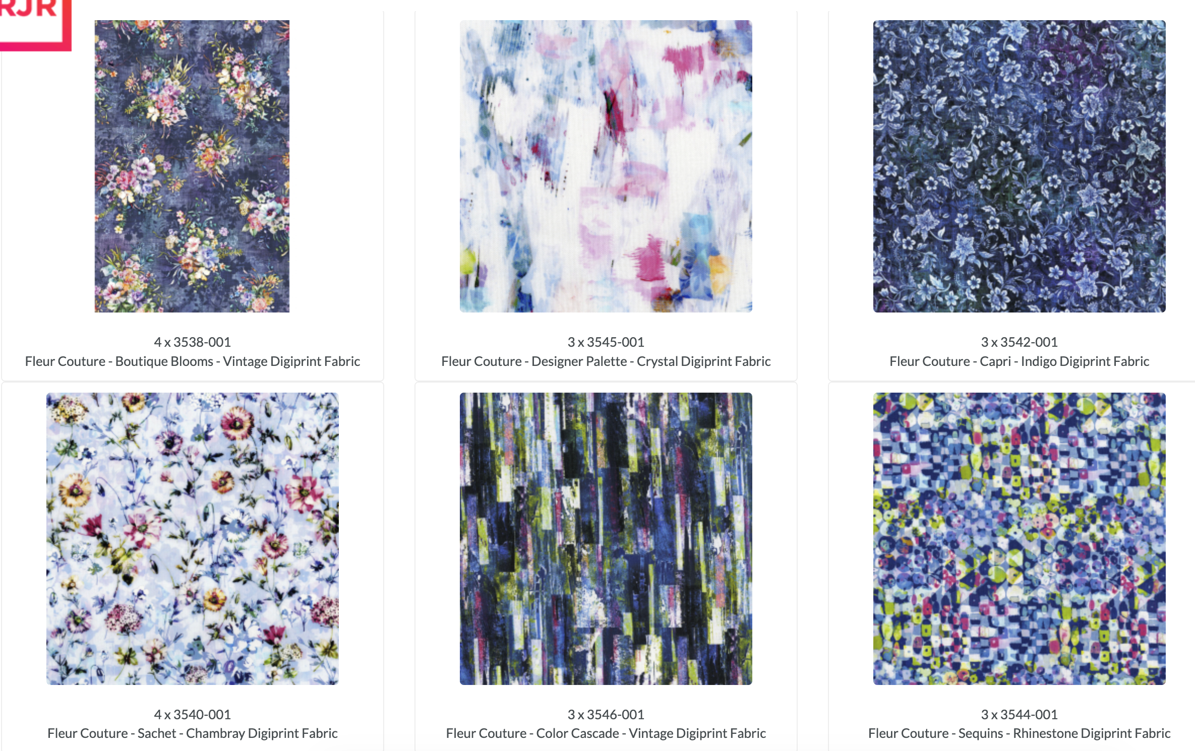 Fleur Couture Digiprint 5-inch charm pack by RJR Studio featuring 42 dark navy and colorful floral cotton fabric squares.