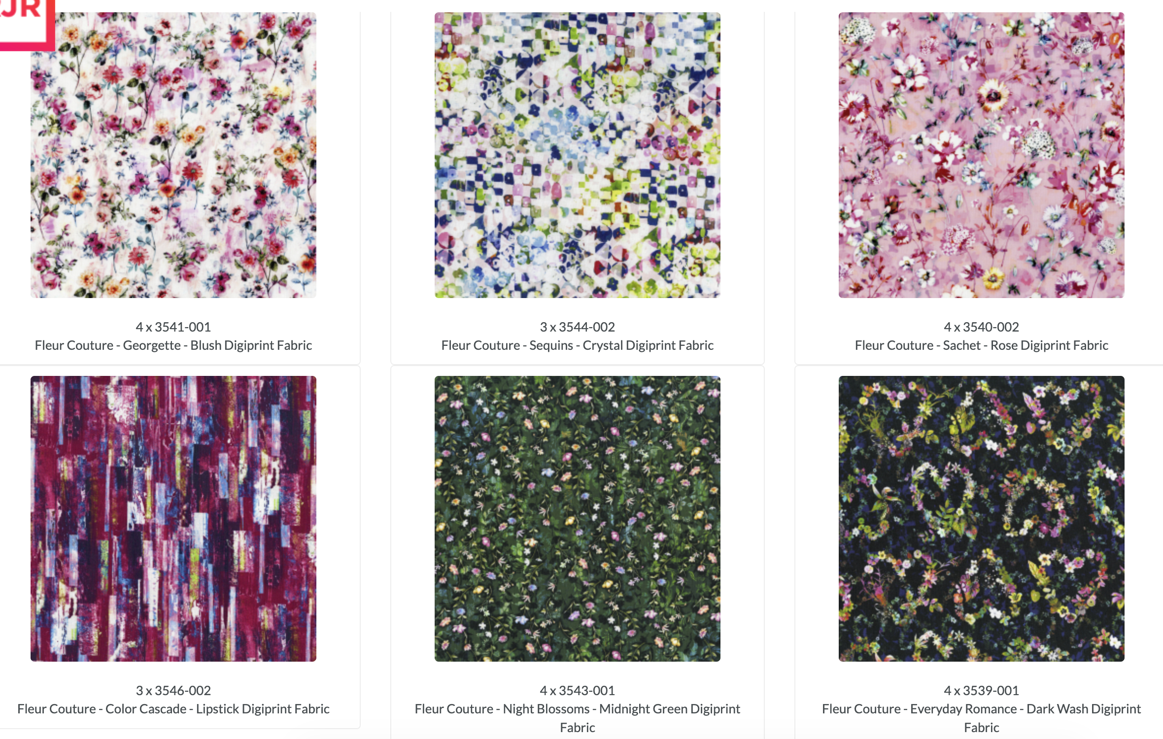 Fleur Couture Digiprint 5-inch charm pack by RJR Studio featuring 42 dark navy and colorful floral cotton fabric squares.