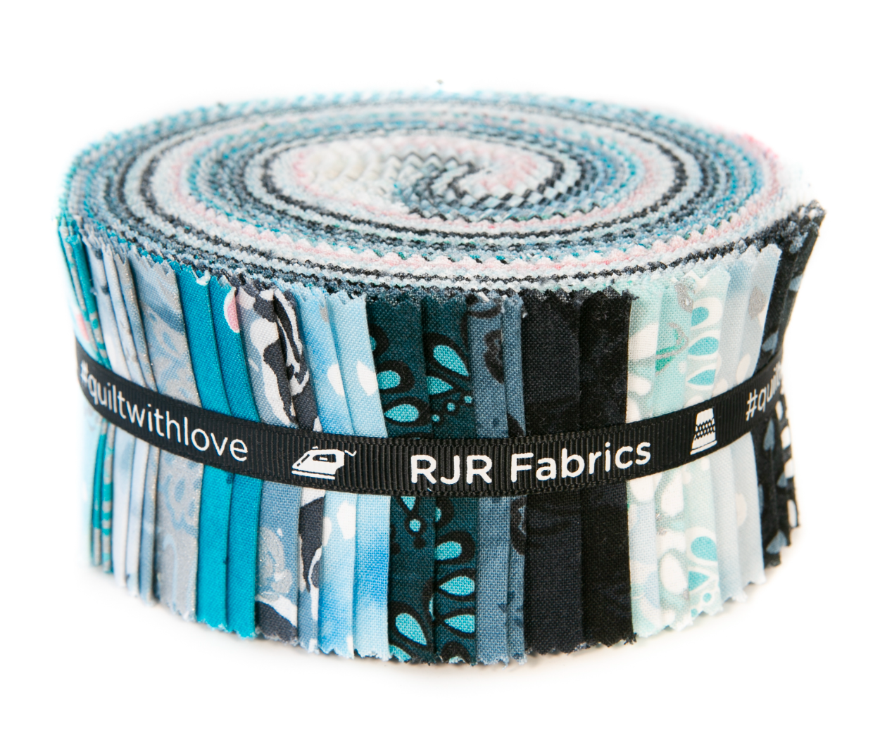 Enchanted Lake Pixie Strips jelly roll by Flaurie and Finch for RJR Fabrics featuring aqua, blue, pink, gray, black and metallic cotton prints.