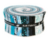 Enchanted Lake Pixie Strips jelly roll by Flaurie and Finch for RJR Fabrics featuring aqua, blue, pink, gray, black and metallic cotton prints.