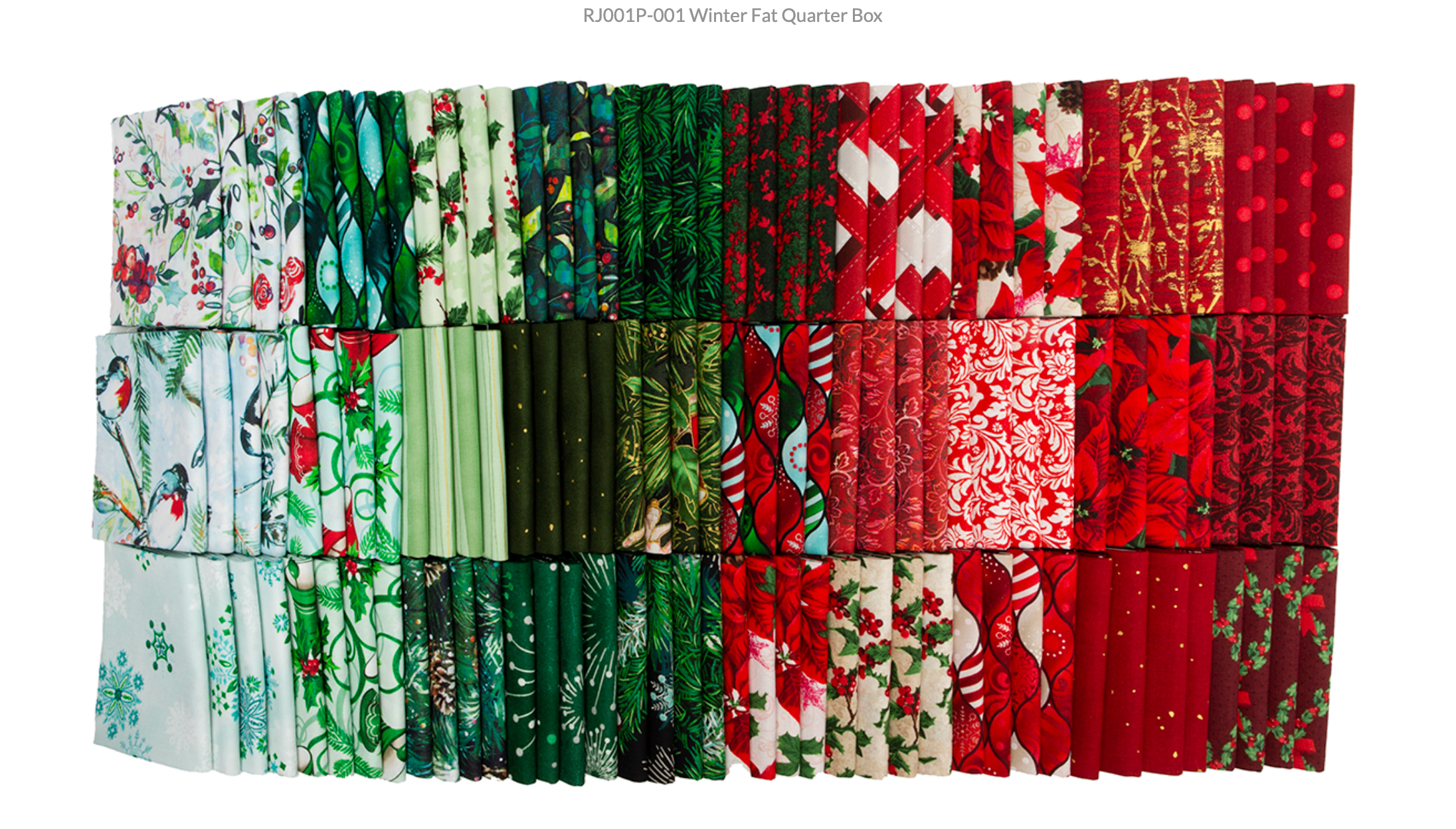 Winter Fat Quarter Box by RJR Studio for RJR Fabrics containing 120 festive red, green, cream and gold Christmas fat quarters.