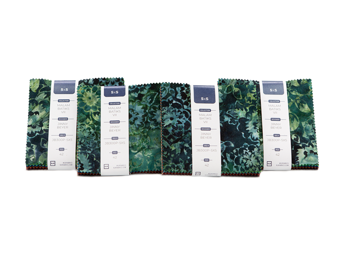 Malam Batiks VII 5x5 Charm Pack by Jinny Beyer for RJR Fabrics featuring 42 premium hand-dyed batik quilting cotton squares in rich jewel tones including blue, teal, green, gold, orange, ruby, purple, and black with floral and textured batik designs.
