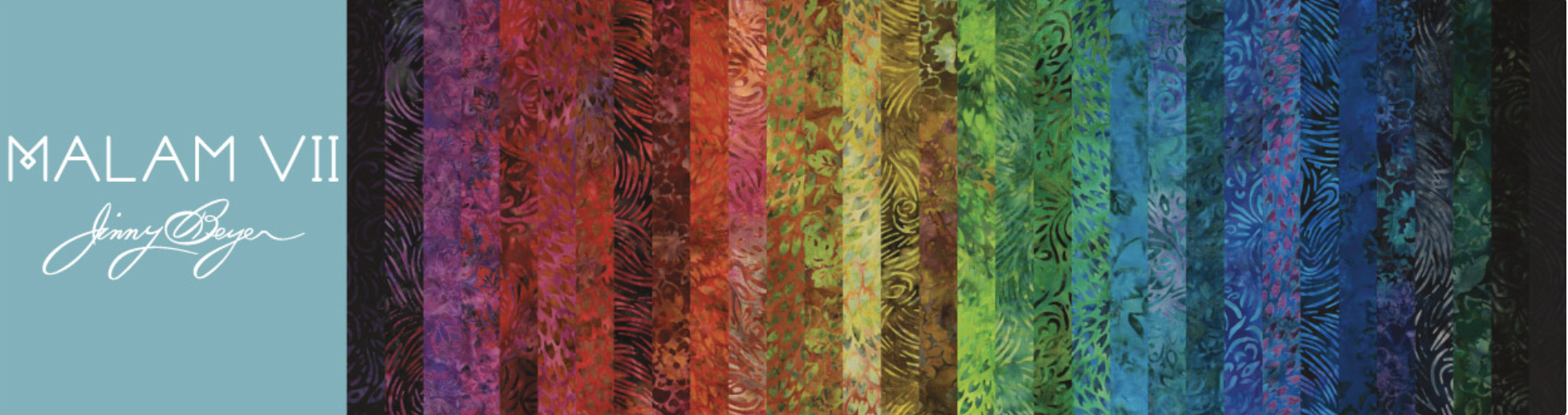 Malam Batiks VII 5x5 Charm Pack by Jinny Beyer for RJR Fabrics featuring 42 premium hand-dyed batik quilting cotton squares in rich jewel tones including blue, teal, green, gold, orange, ruby, purple, and black with floral and textured batik designs.
