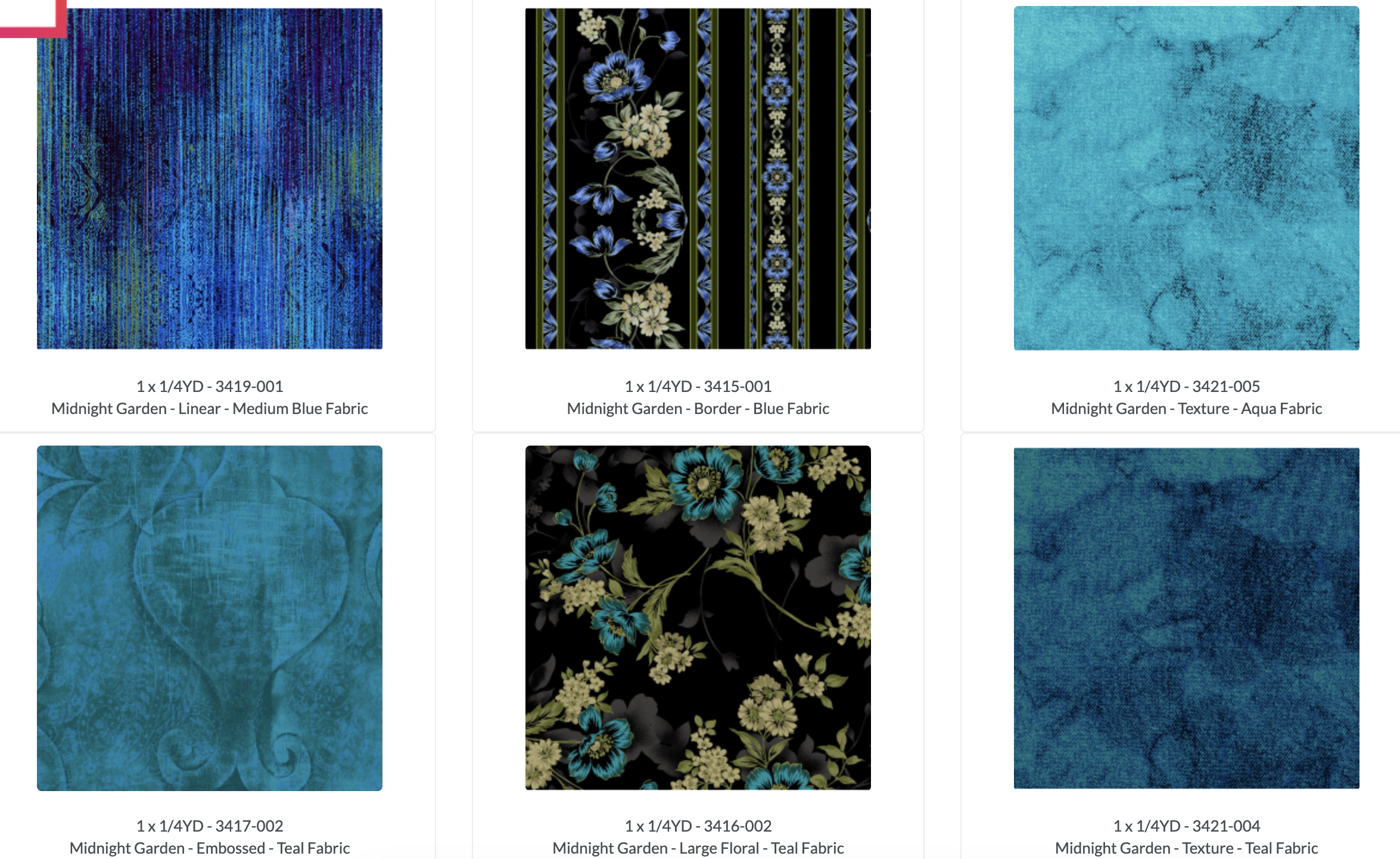 Midnight Garden Fat Quarter Bundle by Jinny Beyer for RJR Fabrics featuring 37 premium quilting cotton fat quarters with elegant floral prints, border prints, textured blenders, embossed designs, woven textures, and coordinating jewel-toned fabrics in blues, teals, reds, violets, purples, and neutrals.