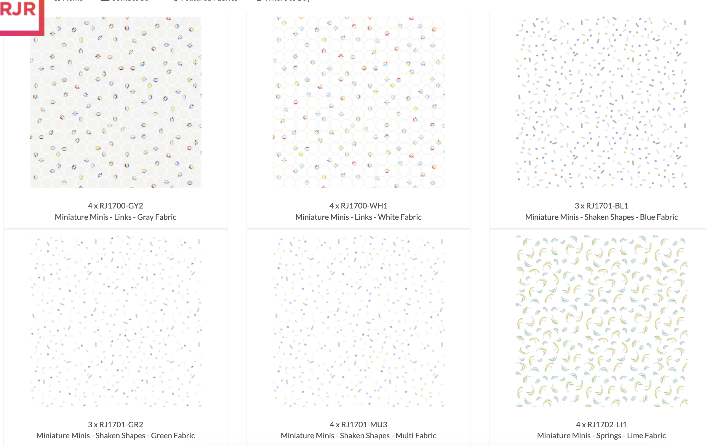 Miniature Minis 5x5 Charm Pack by RJR Studio for RJR Fabrics featuring 42 premium cotton 5-inch squares with coordinating miniature prints including flower bursts, dots, geometric links, springs, and colorful modern blenders on fresh white backgrounds.