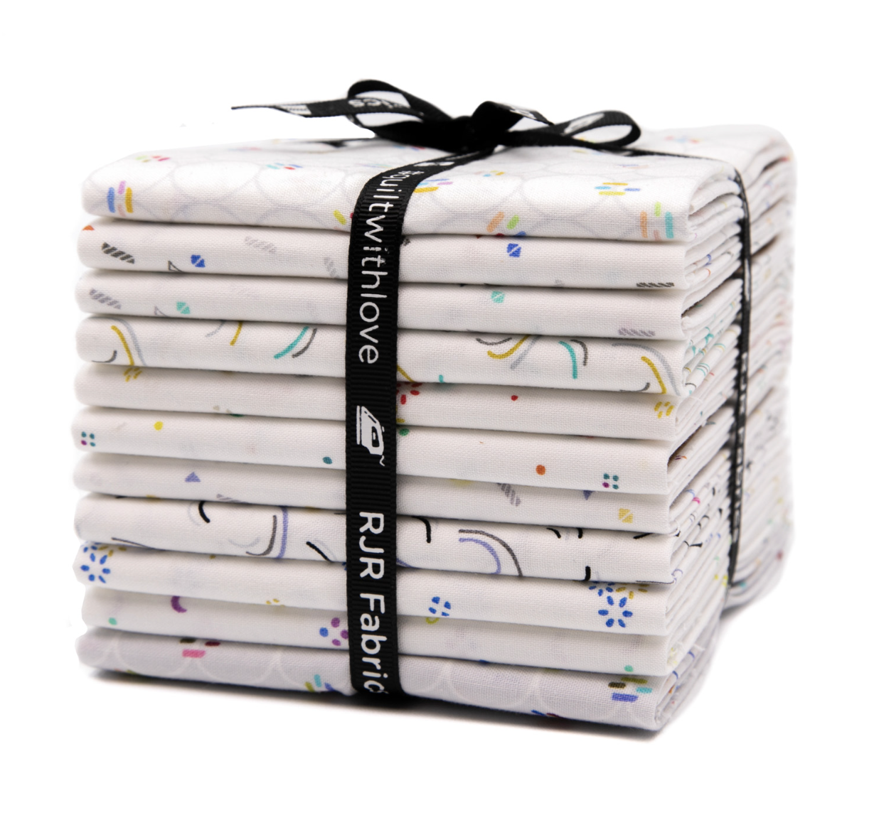 Miniature Minis Fat Quarter Bundle by RJR Studio for RJR Fabrics featuring 11 coordinating premium cotton fat quarters with modern miniature prints including links, flower bursts, springs, confetti dots, and geometric shapes on crisp white backgrounds with colorful accents.