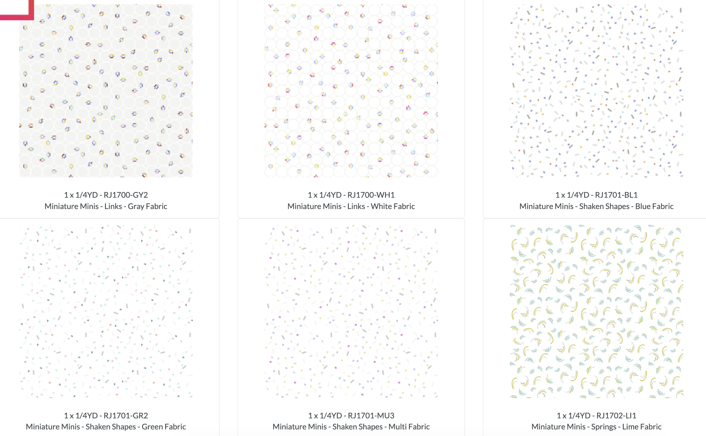 Miniature Minis Fat Quarter Bundle by RJR Studio for RJR Fabrics featuring 11 coordinating premium cotton fat quarters with modern miniature prints including links, flower bursts, springs, confetti dots, and geometric shapes on crisp white backgrounds with colorful accents.