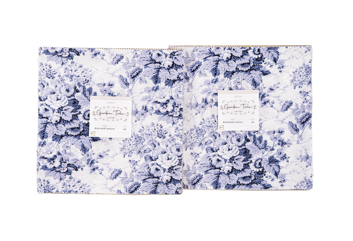 Garden Toile 10x10 Layer Cake by RJR Studio featuring 42 premium cotton precut floral and toile fabric squares for quilting and sewing.