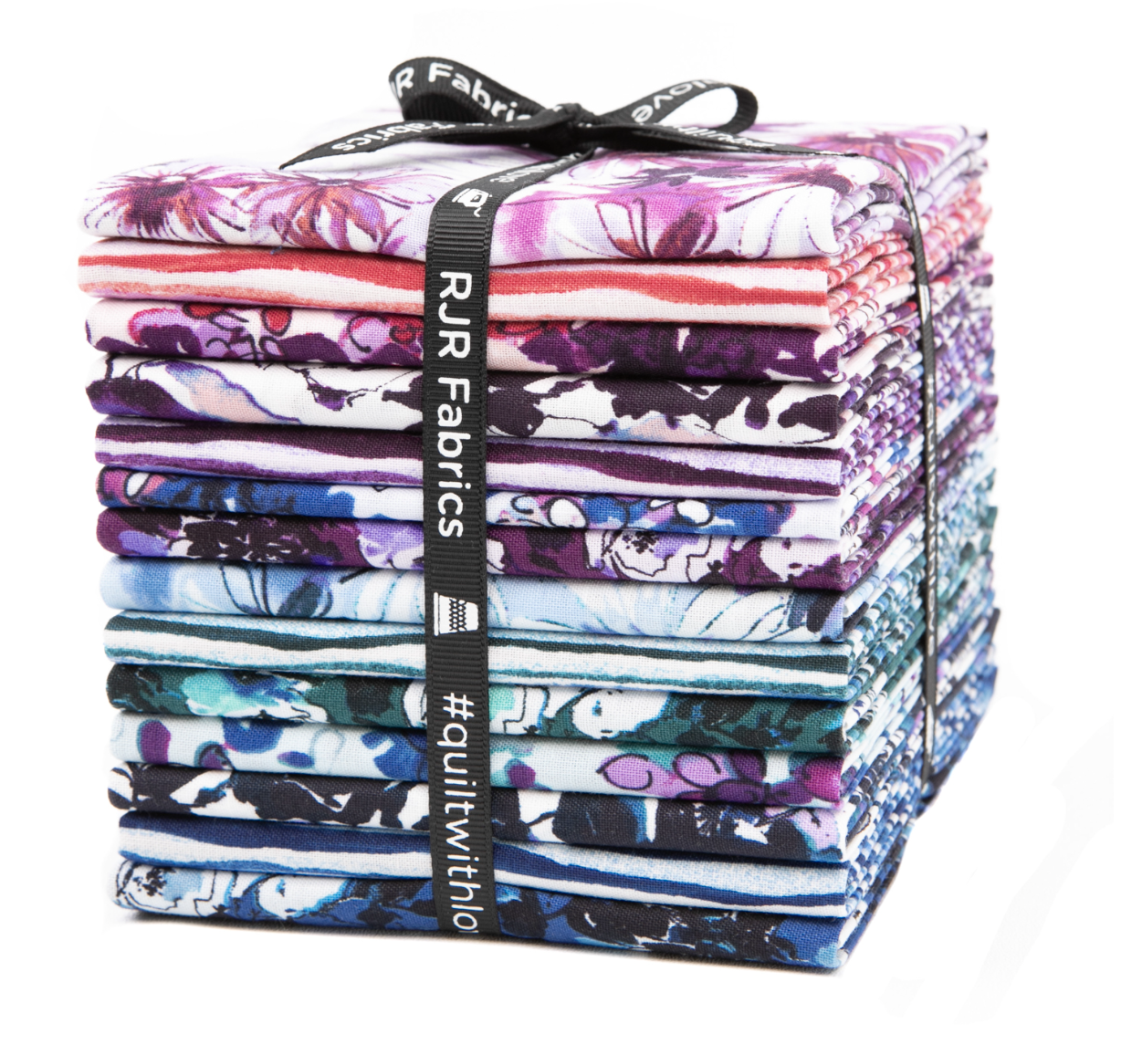 Ink Rose Fat Quarter Bundle by RJR Studio featuring 14 coordinating premium quilting cotton fabrics with watercolor roses, daisies, floral prints, and coordinating stripes in purple, blue, teal, and coral tones.