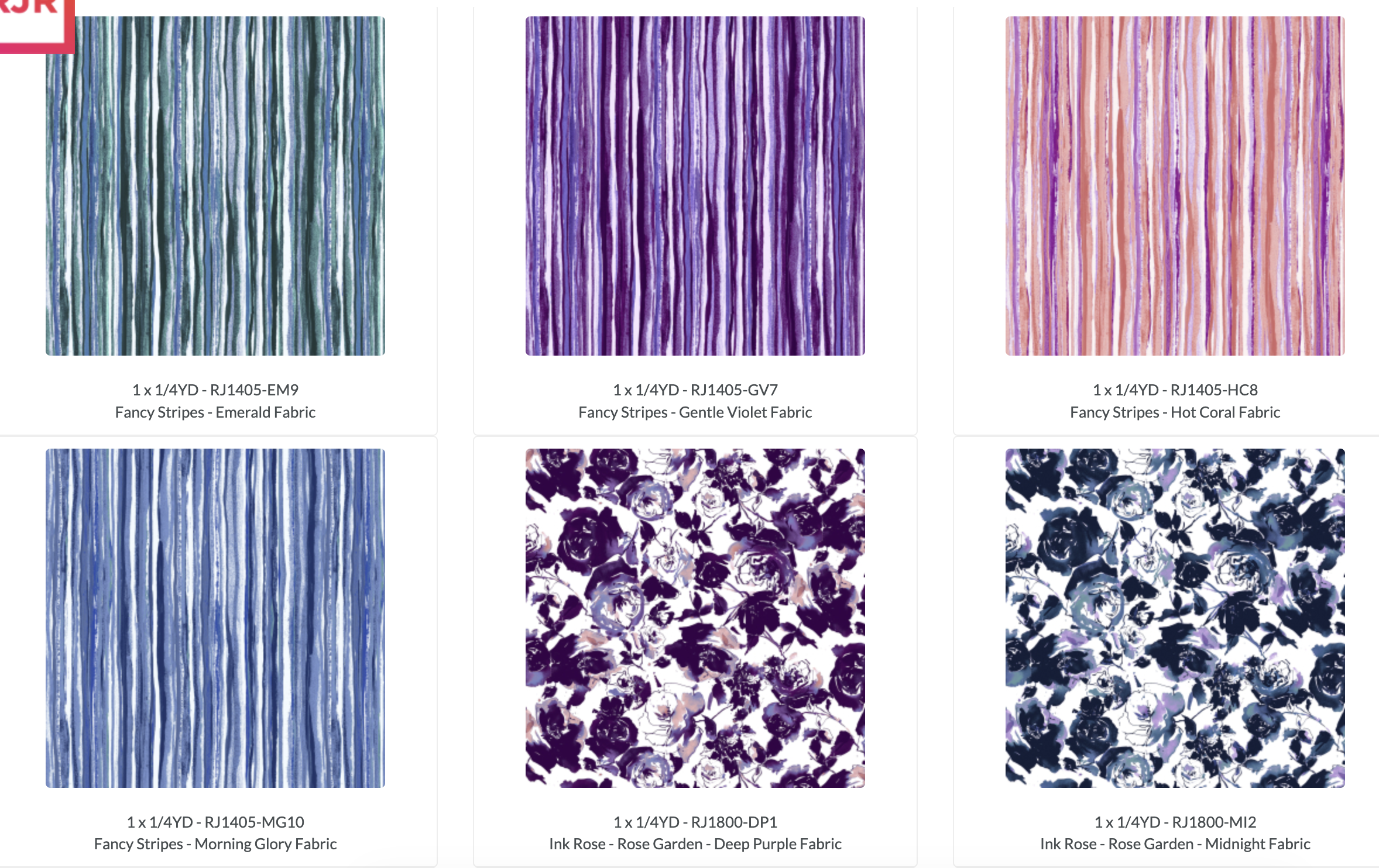Ink Rose Fat Quarter Bundle by RJR Studio featuring 14 coordinating premium quilting cotton fabrics with watercolor roses, daisies, floral prints, and coordinating stripes in purple, blue, teal, and coral tones.