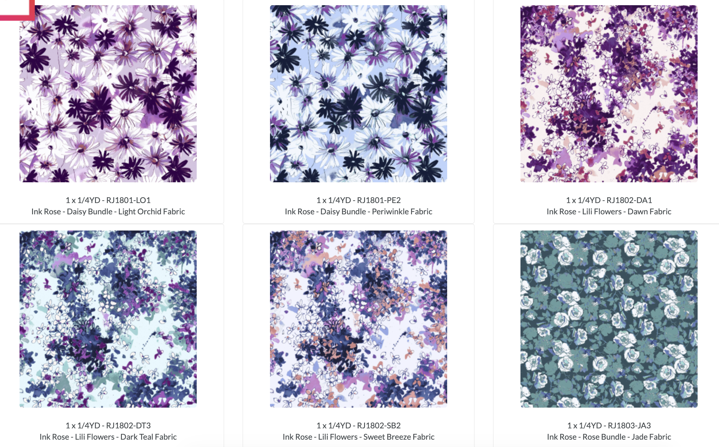 Ink Rose Fat Quarter Bundle by RJR Studio featuring 14 coordinating premium quilting cotton fabrics with watercolor roses, daisies, floral prints, and coordinating stripes in purple, blue, teal, and coral tones.