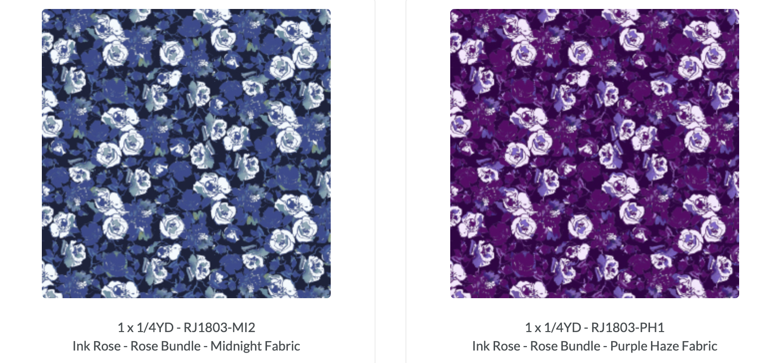 Ink Rose Fat Quarter Bundle by RJR Studio featuring 14 coordinating premium quilting cotton fabrics with watercolor roses, daisies, floral prints, and coordinating stripes in purple, blue, teal, and coral tones.
