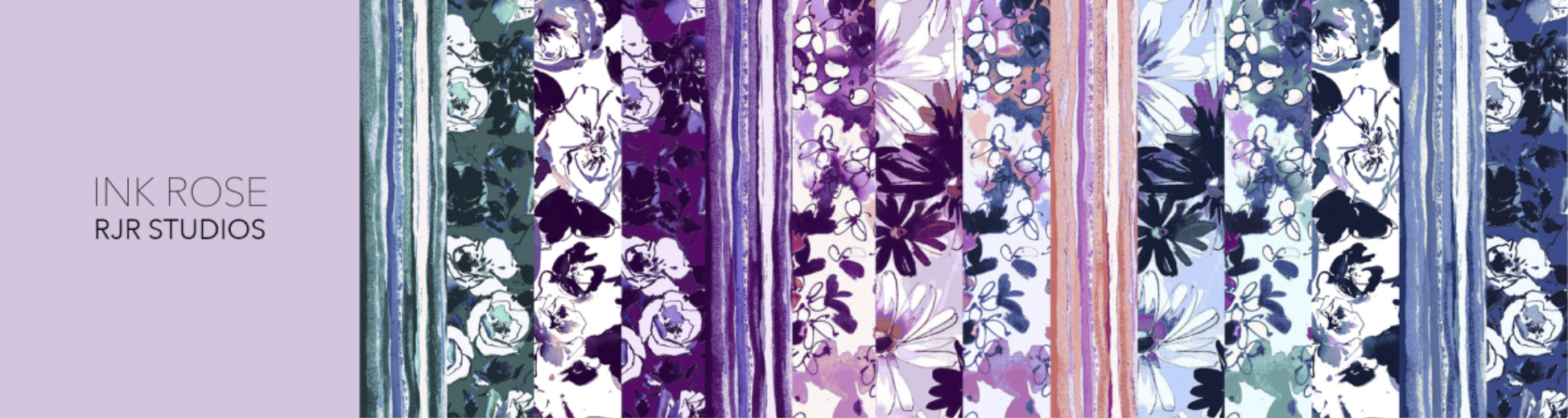 Ink Rose Fat Quarter Bundle by RJR Studio featuring 14 coordinating premium quilting cotton fabrics with watercolor roses, daisies, floral prints, and coordinating stripes in purple, blue, teal, and coral tones.