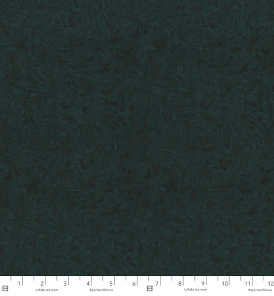 The Jinny Beyer Palette Forest fabric by Jinny Beyer for RJR Fabrics featuring a rich dark forest green tonal leafy texture on premium quilting cotton sold by the yard.