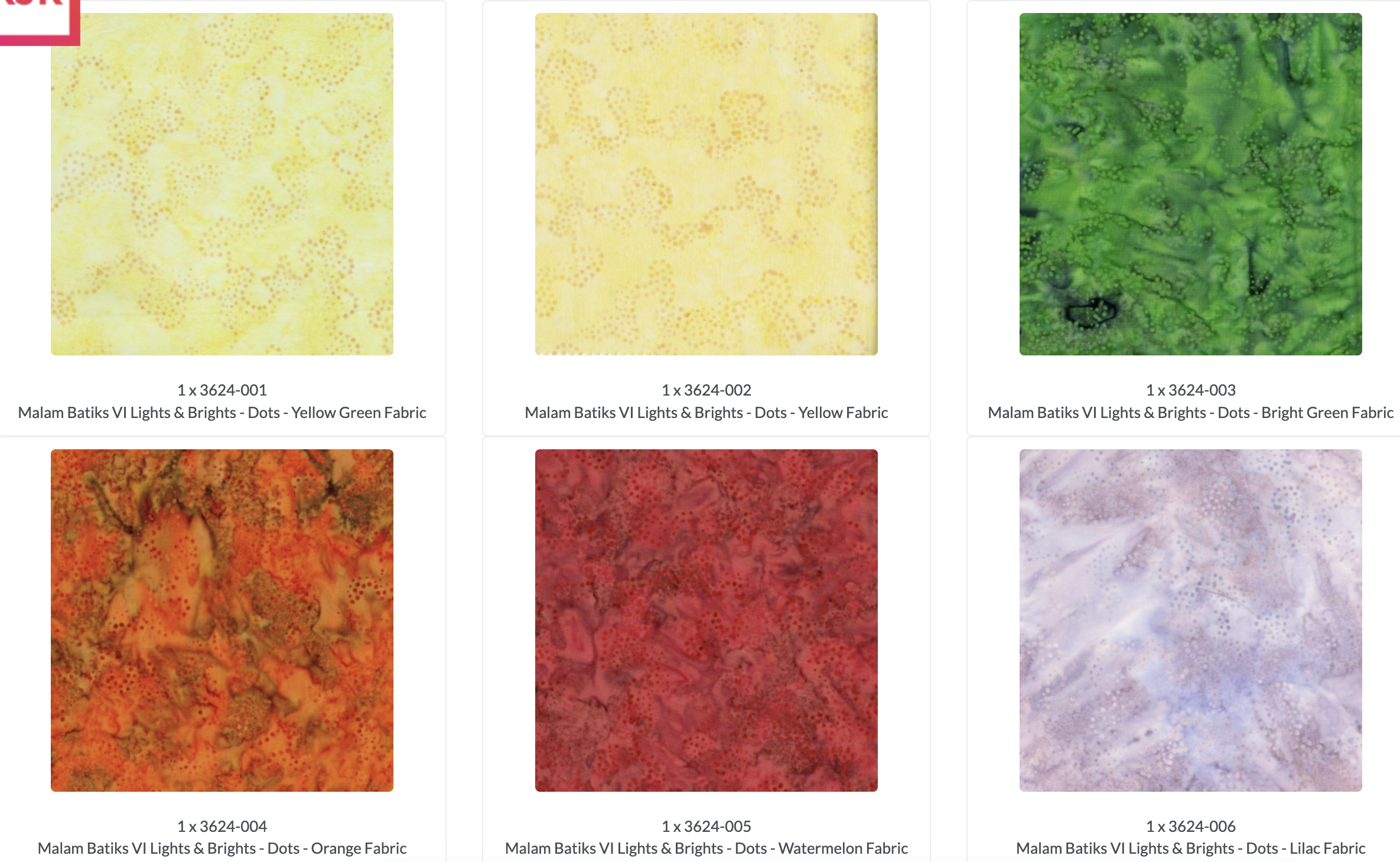 Malam Batiks VI Lights & Brights Patty Cake by Jinny Beyer for RJR Fabrics featuring 42 premium 10-inch hand-dyed batik fabric squares from the complete collection in vibrant blue, green, yellow, orange, pink, purple, and white tones for quilting and sewing.