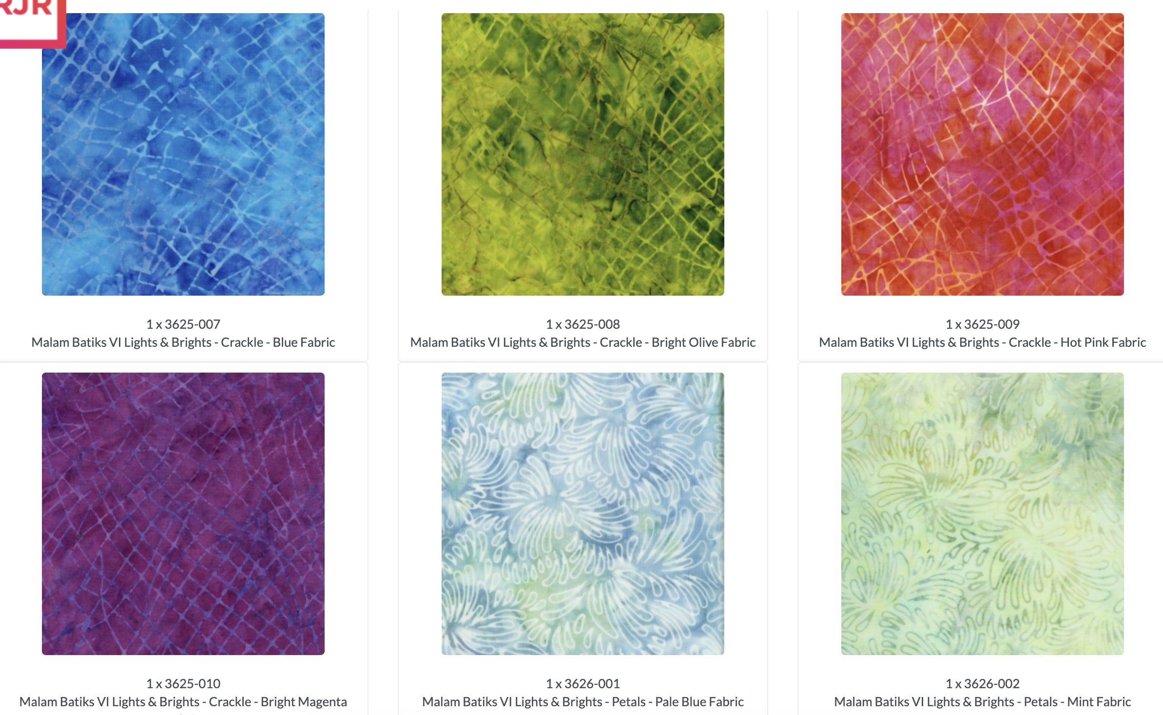 Malam Batiks VI Lights & Brights Patty Cake by Jinny Beyer for RJR Fabrics featuring 42 premium 10-inch hand-dyed batik fabric squares from the complete collection in vibrant blue, green, yellow, orange, pink, purple, and white tones for quilting and sewing.