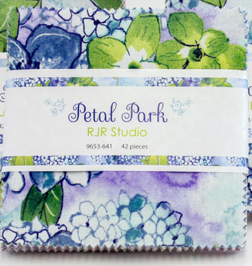 Petal Park charm pack with 42 precut 5-inch floral cotton squares by RJR Studio for RJR Fabrics