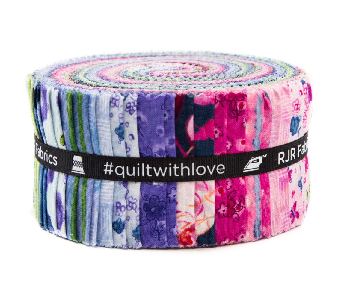 Petal Park Pixie Strips jelly roll with coordinating floral cotton strips by RJR Studio for RJR Fabrics