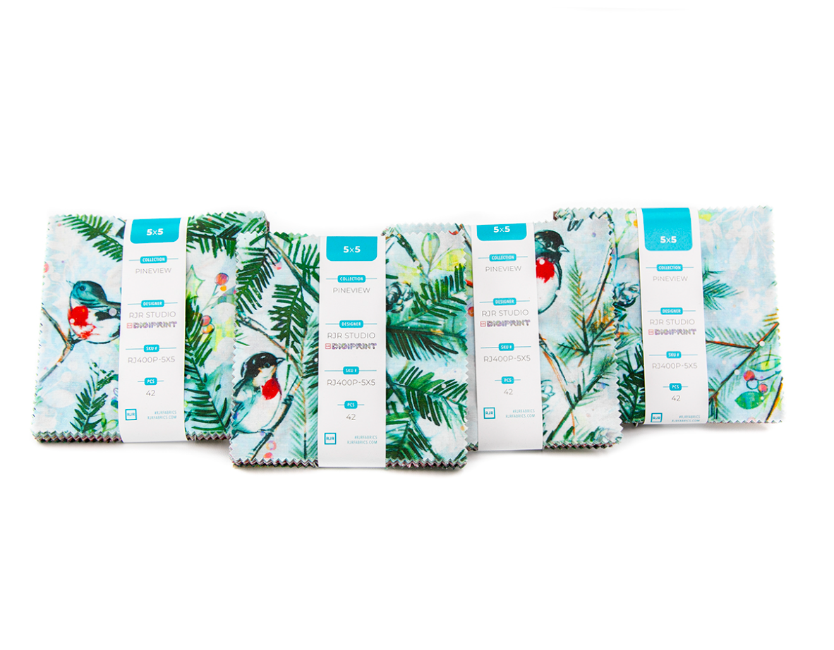 Pineview Digiprint charm pack with 42 precut 5-inch winter and Christmas cotton squares by RJR Studio for RJR Fabrics