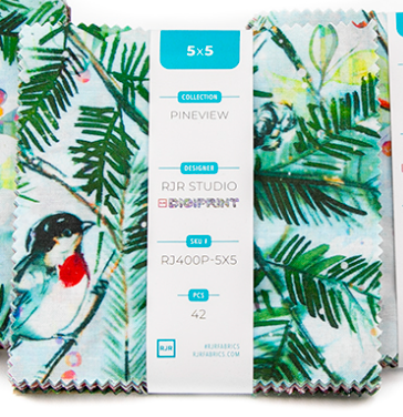 Pineview Digiprint charm pack with 42 precut 5-inch winter and Christmas cotton squares by RJR Studio for RJR Fabrics