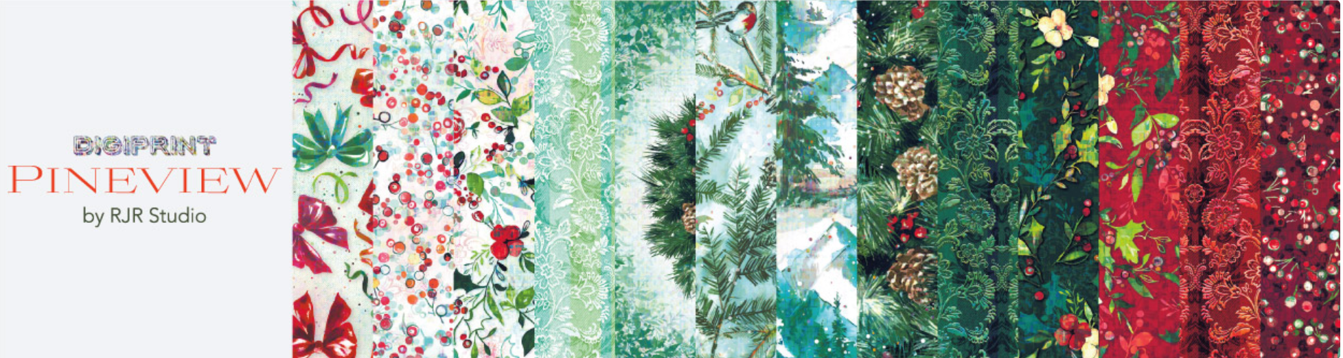 Pineview Digiprint charm pack with 42 precut 5-inch winter and Christmas cotton squares by RJR Studio for RJR Fabrics